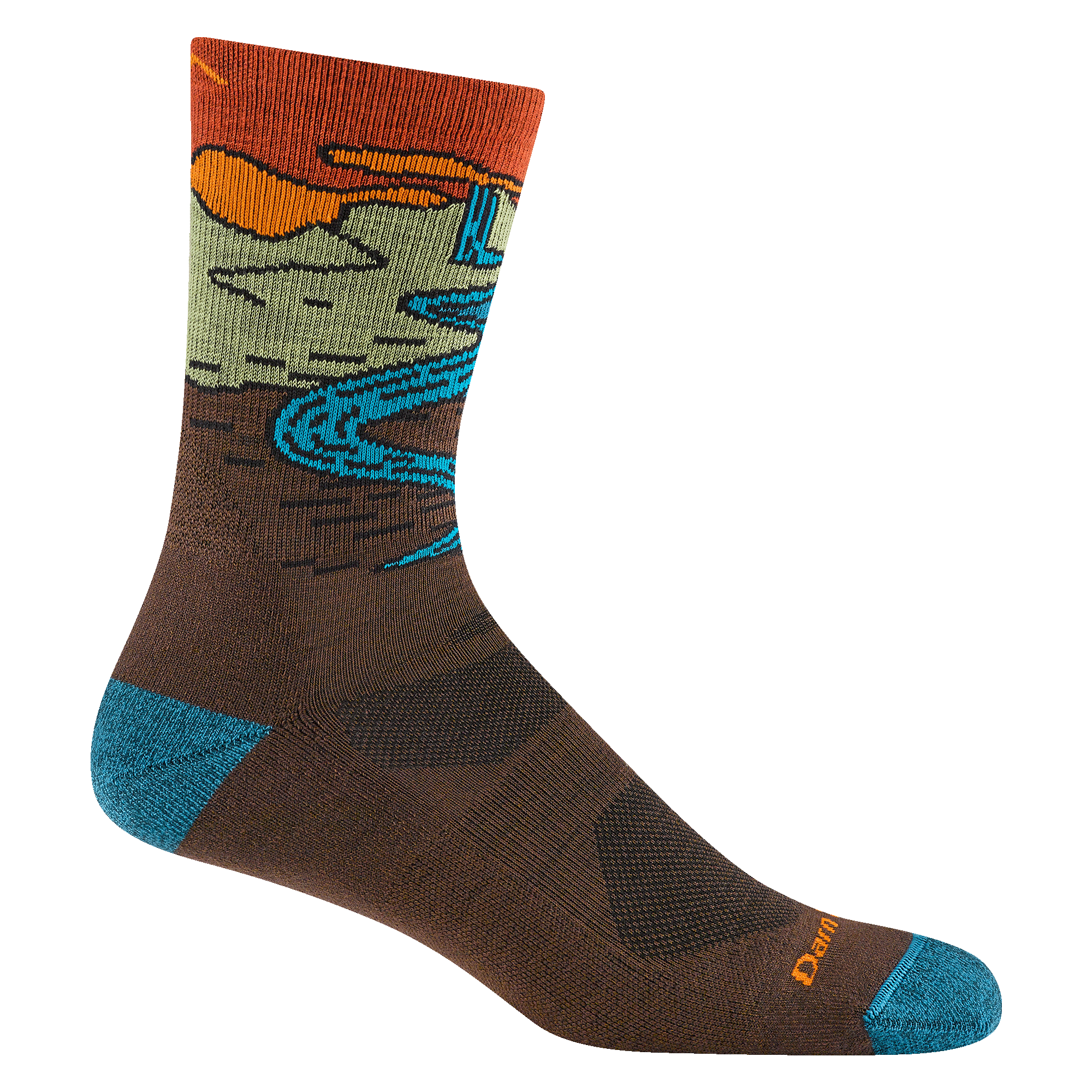 5020 chasing waterfalls micro crew hiking sock in earth featuring a teal heel/toe brown body and waterfall scene on leg