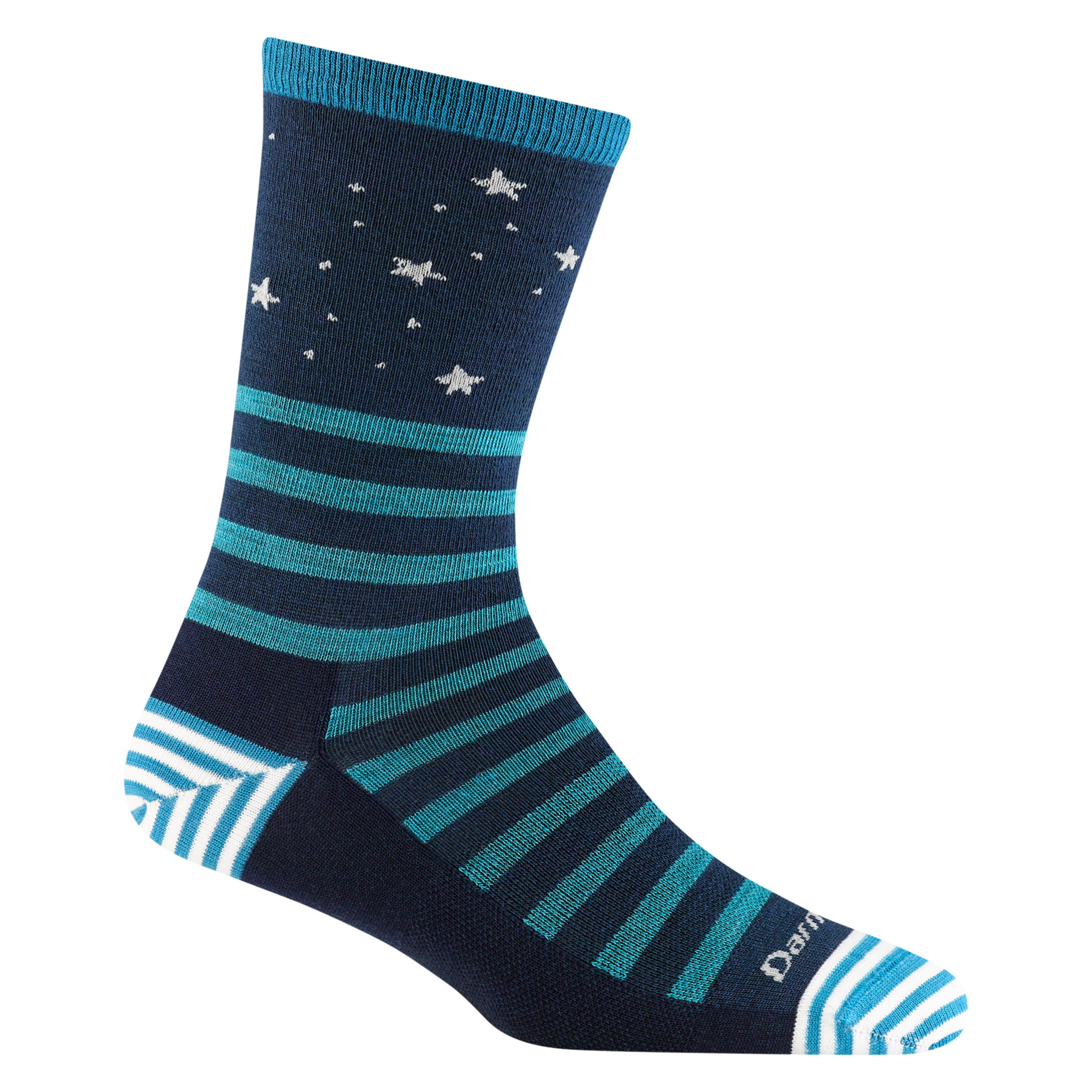 Reverse side of the women's animal haus crew lifestyle sock in eclipse with teal stripes and white star detailing