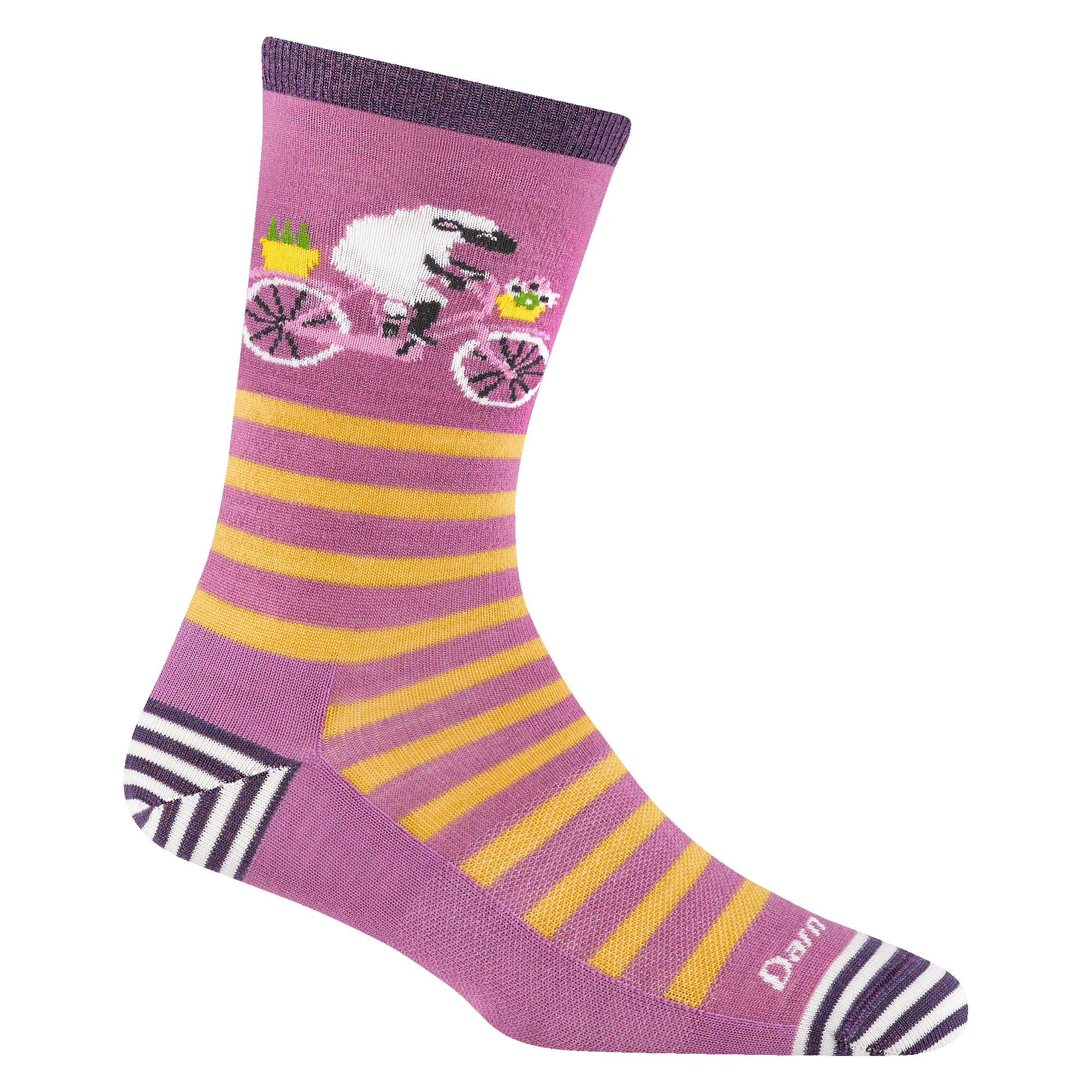 6037 women's animal haus crew lifestyle sock in lilac with striped toe/heel accents and a sheep riding a bike