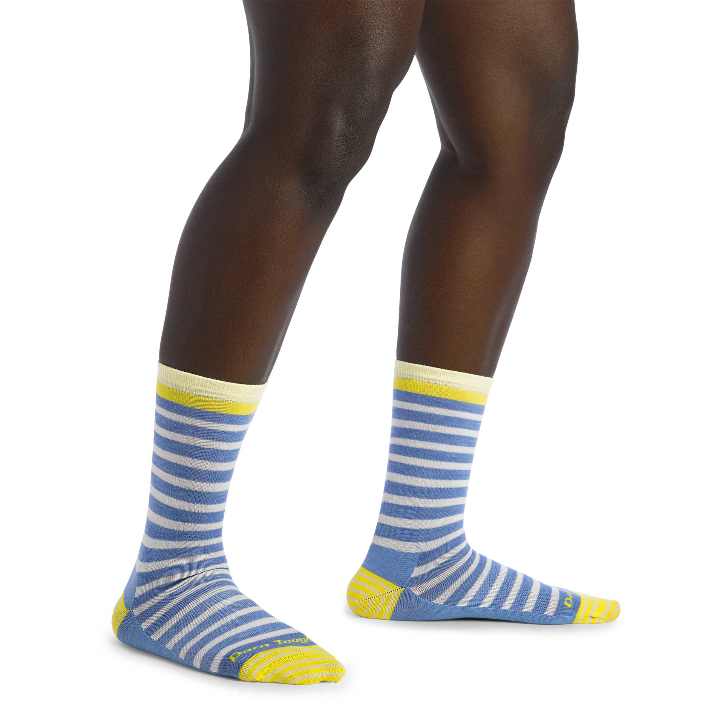 Close up shot of model wearing the Womens morgan crew sock in Country blue with no shoes on