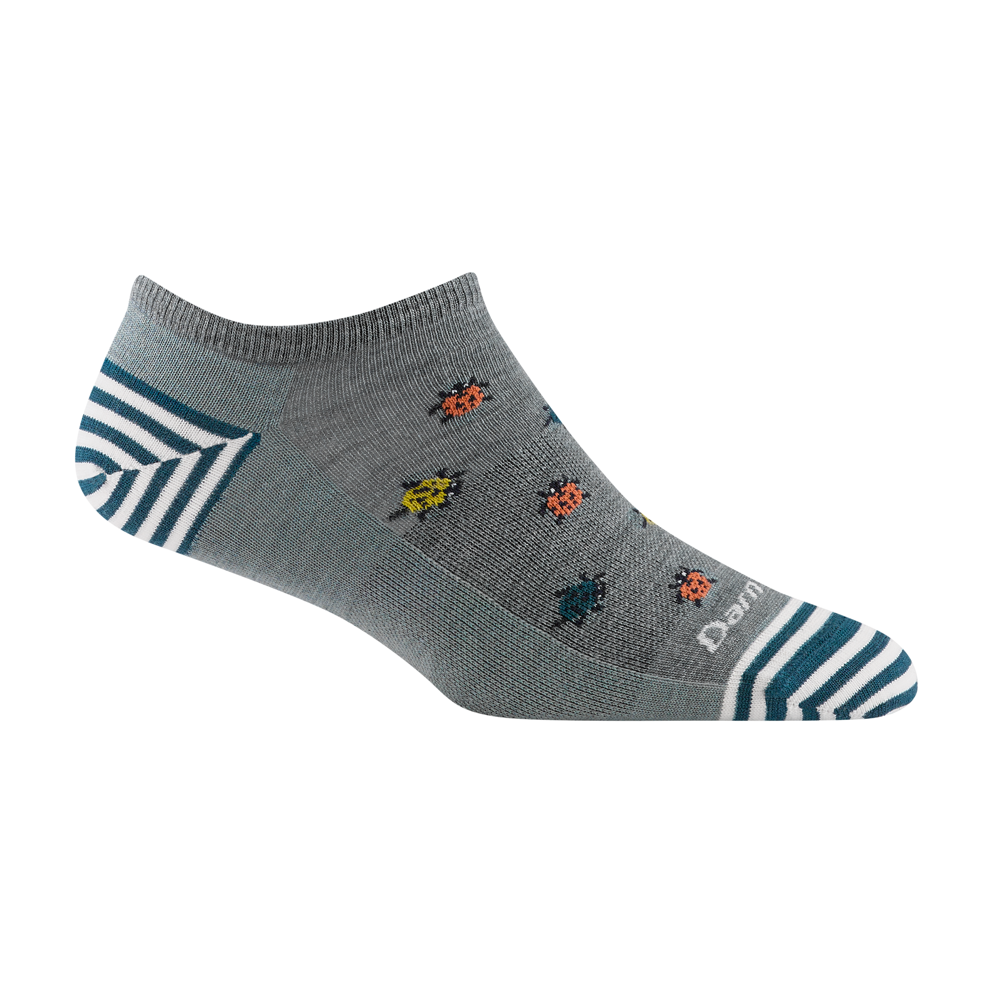 6074 women's lucky lady no show lifestyle sock in seafoam with teal and white striped accents and orange lady bugs