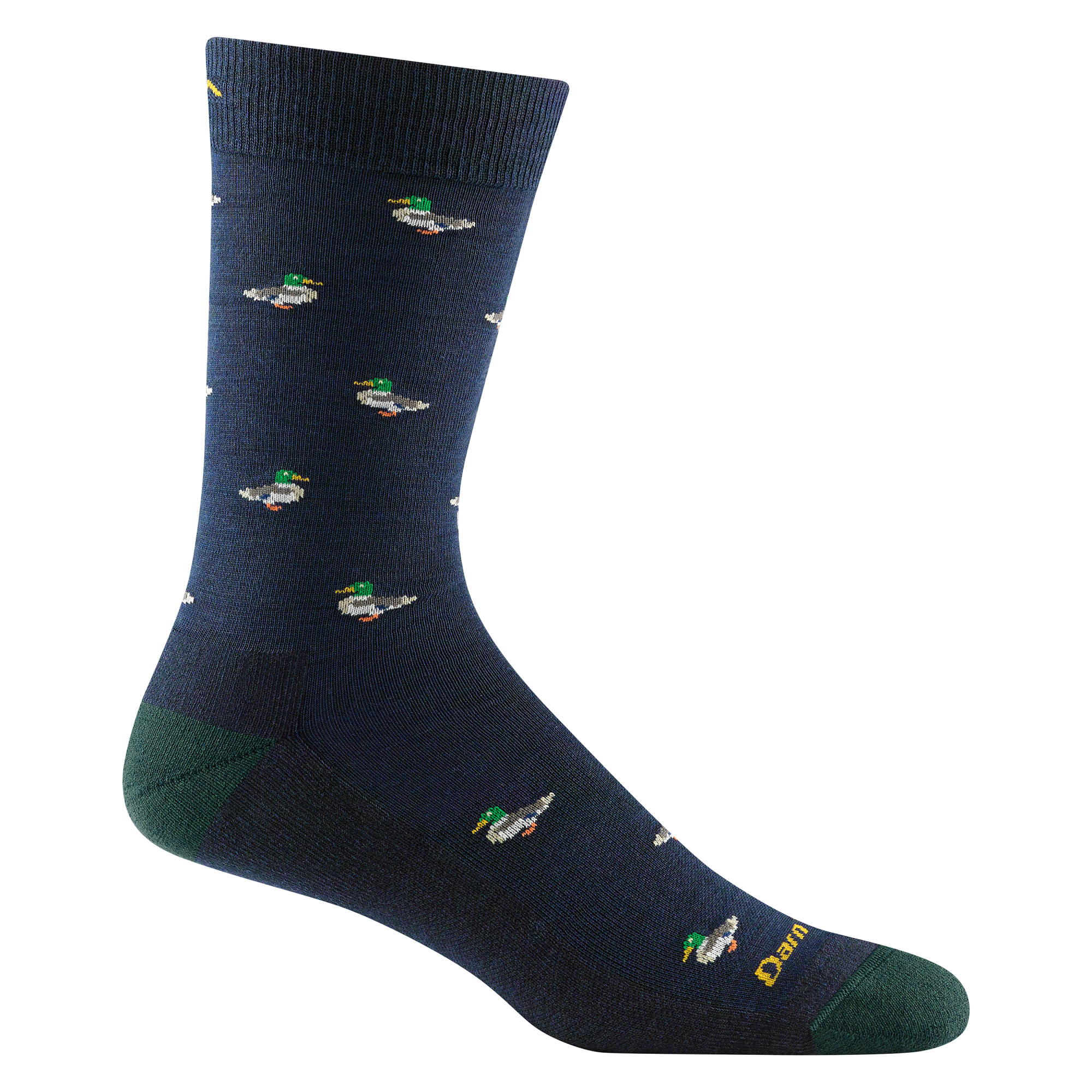 Reverse side of men's duck duck moose crew lifestyle sock in navy with gold darn tough signature on forefoot