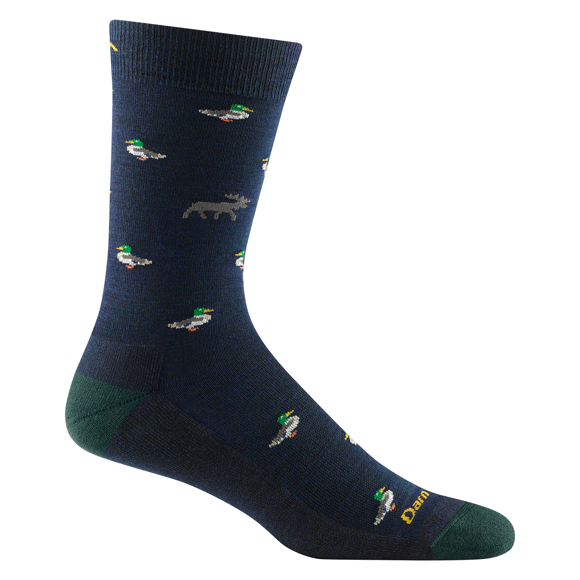 6094 men's duck duck moose crew lifestyle sock in color navy with dark green toe/heel accents and green duck details