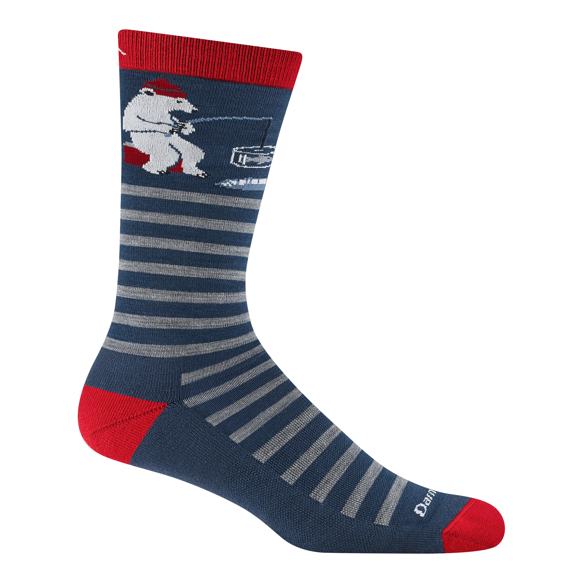 6096 wild life in polar bear lake featuring a blue body red heel/toe and white stripes with a fishing polar bear