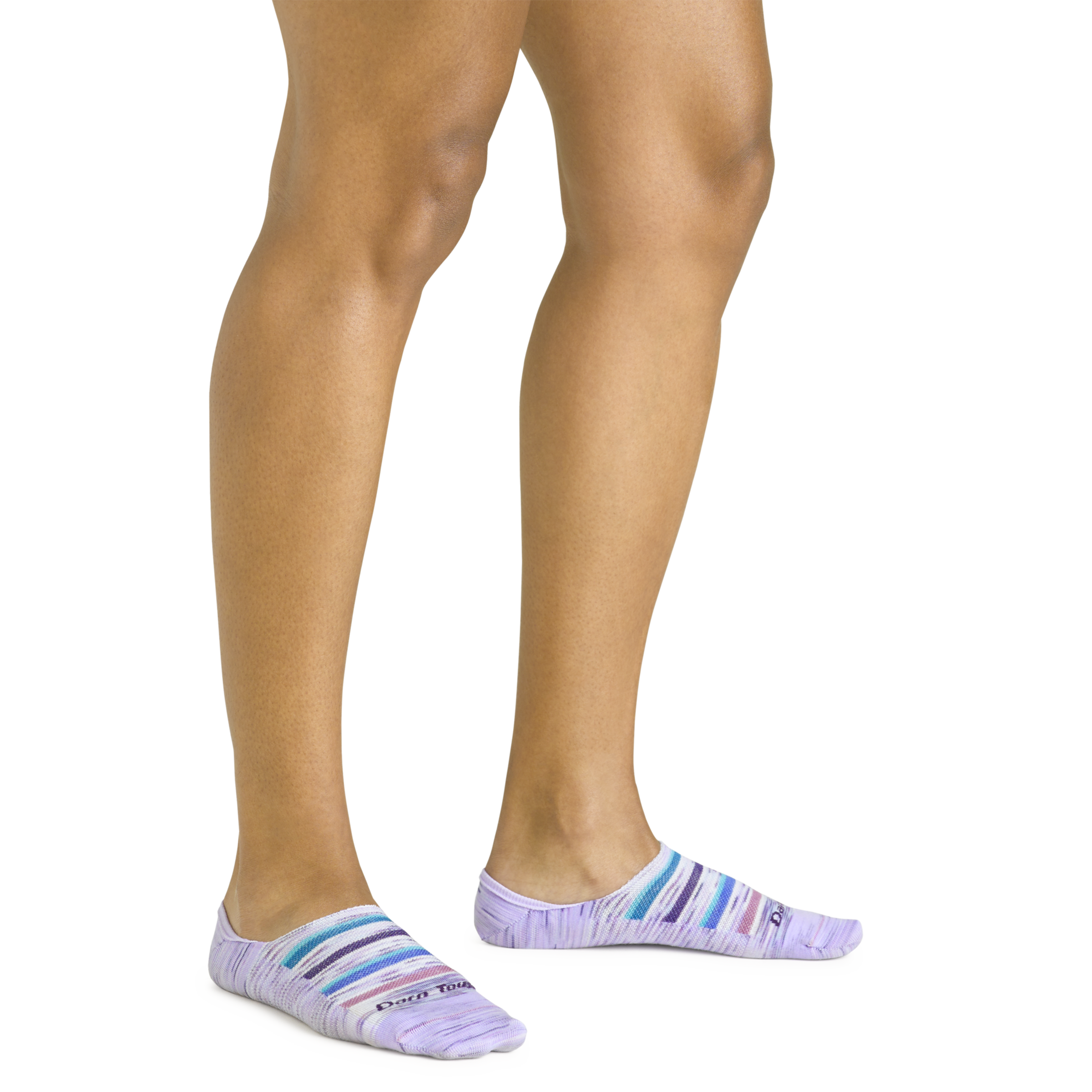 Close up shot of model wearing the women's nova no show hidden lifestyle socks in cosmic purple with no shoes on