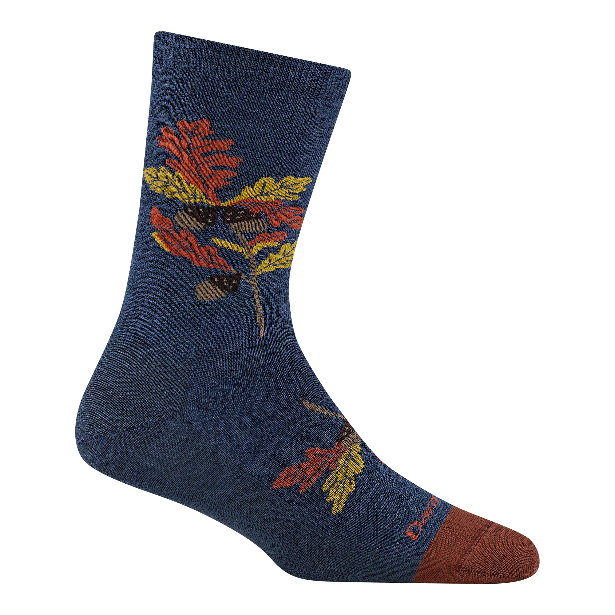 6104 Blossom crew lifestyle sock in Oak denim featuring a navy body with a rust toe and orange and yellow oak leaves on leg