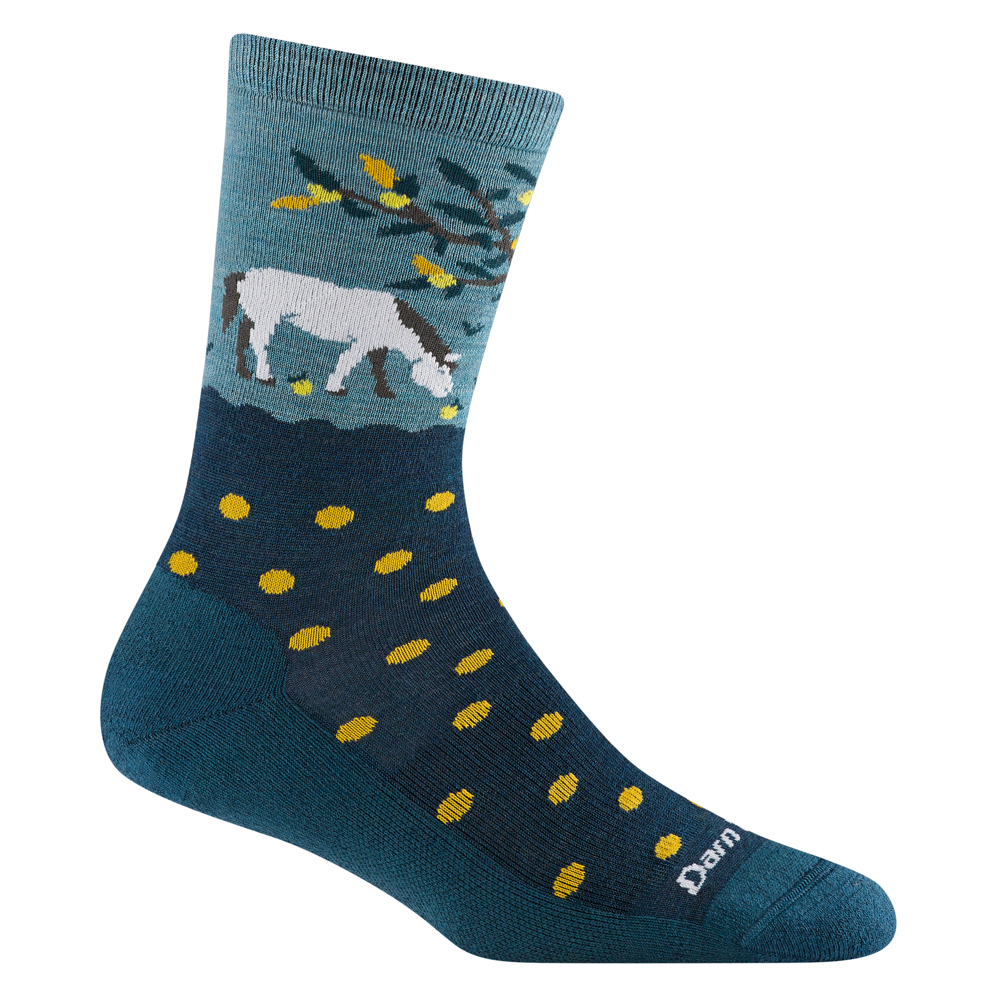 6105 women's wild life micro crew lifestyle sock in dark teal with a unicorn eating fruit off the ground