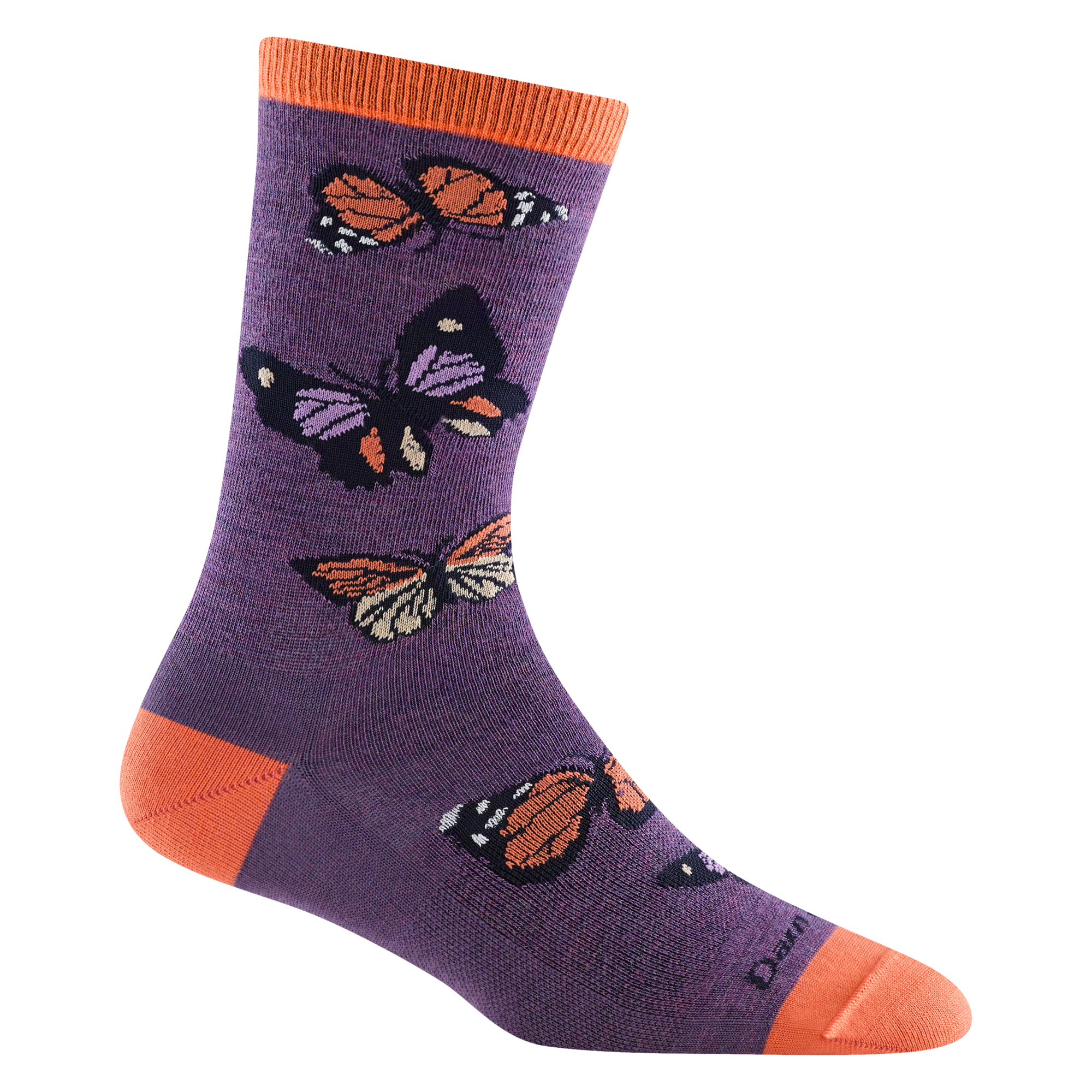 6109 Flutter in plum featuring orange heel/toe/cuff with purple body and orange and tan butterfly design