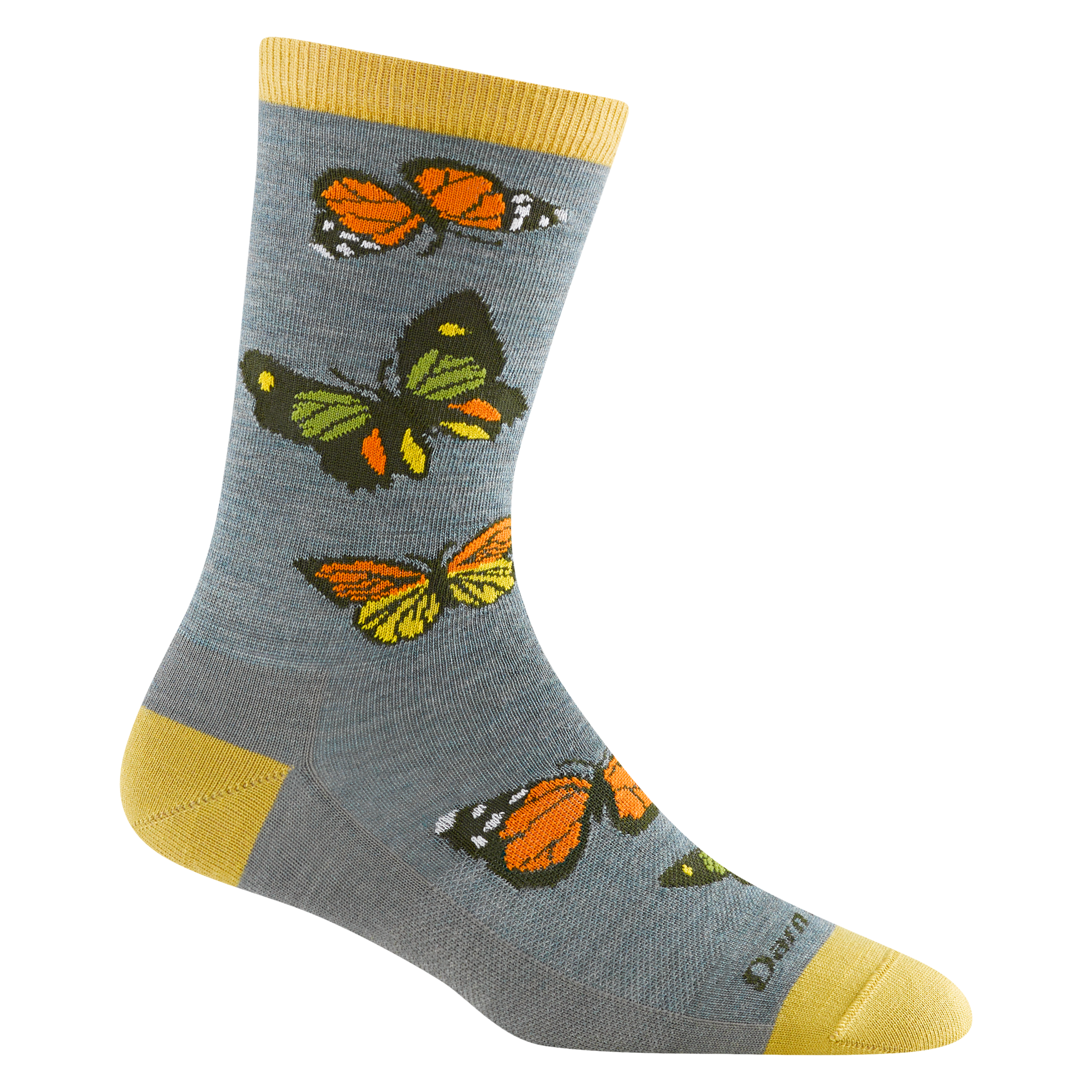 6109 Flutter in seafoam featuring yellow heel/toe/cuff with gray body and orange and yellow butterfly design