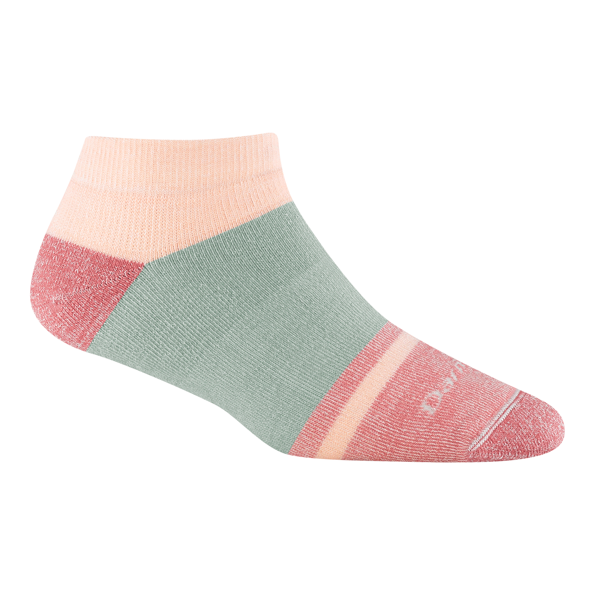 6127 No show heavyweight lifestyle sock in Honey dew featuring a coral toe/heel and green band around the arch and light pink cuff