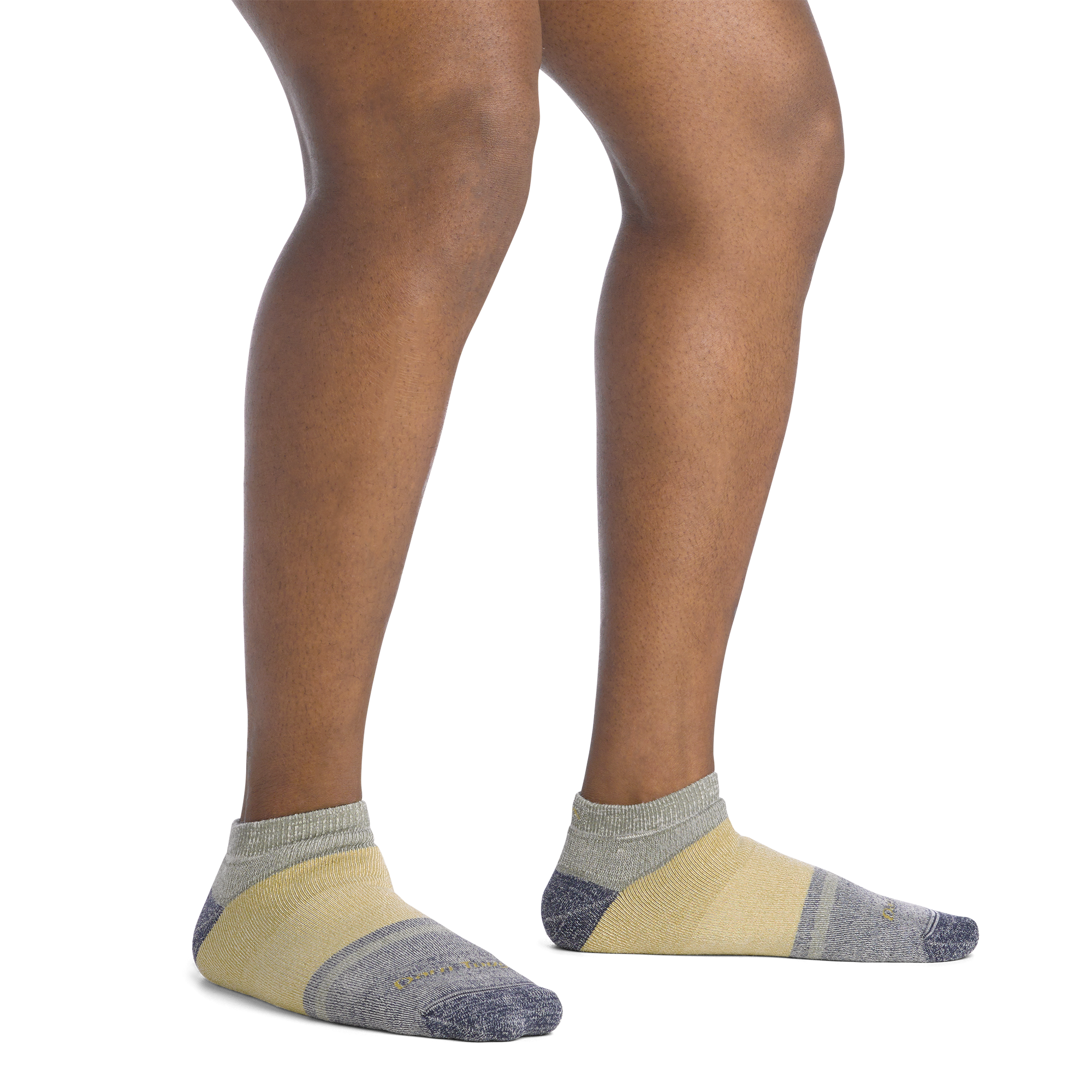 on model image bare foot wearing the 6128 no show lifestyle sock in fennel colorway