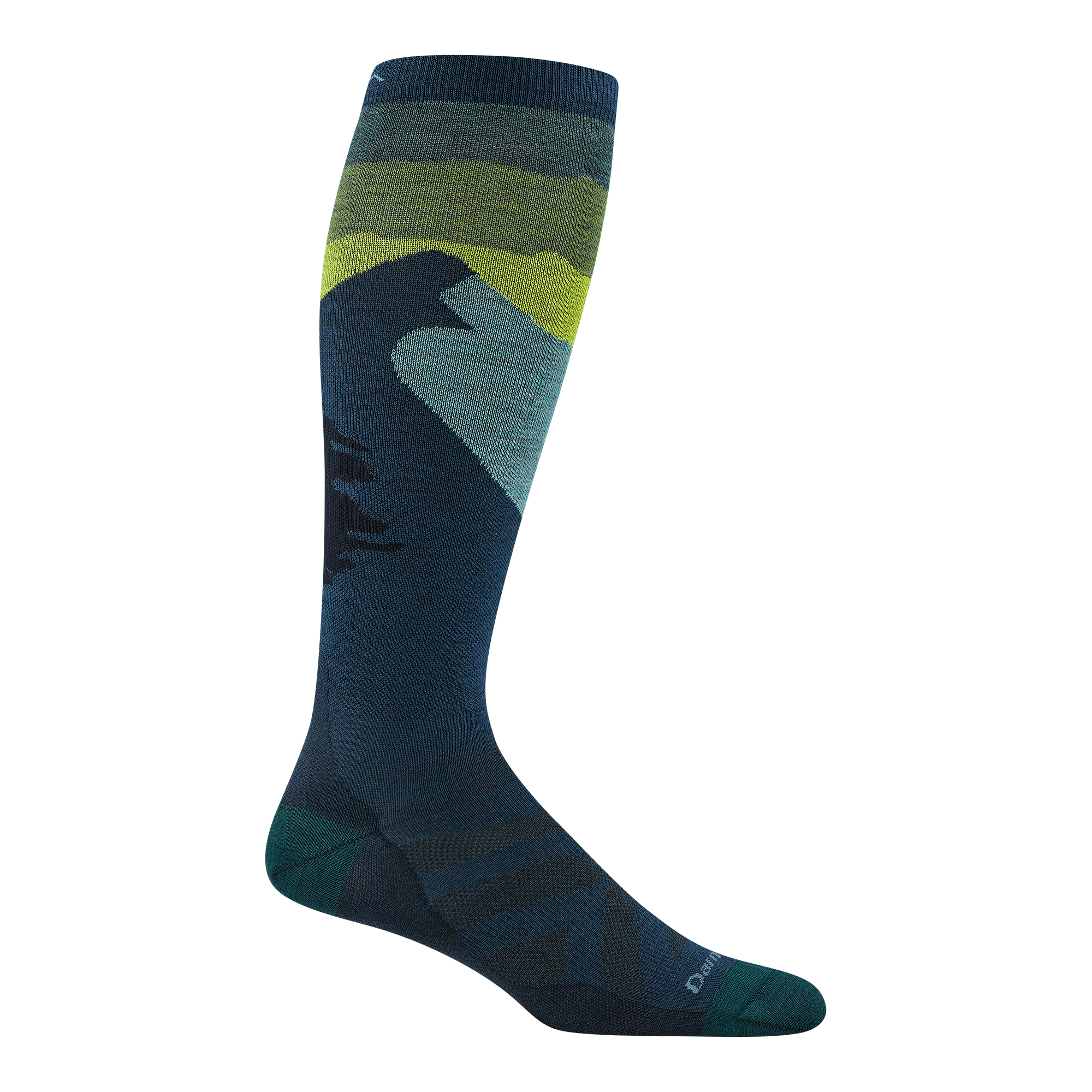 reverse 8014 men's solstice over-the-calf ski sock in with eclipse green toe/heel accents and snowy mountain design