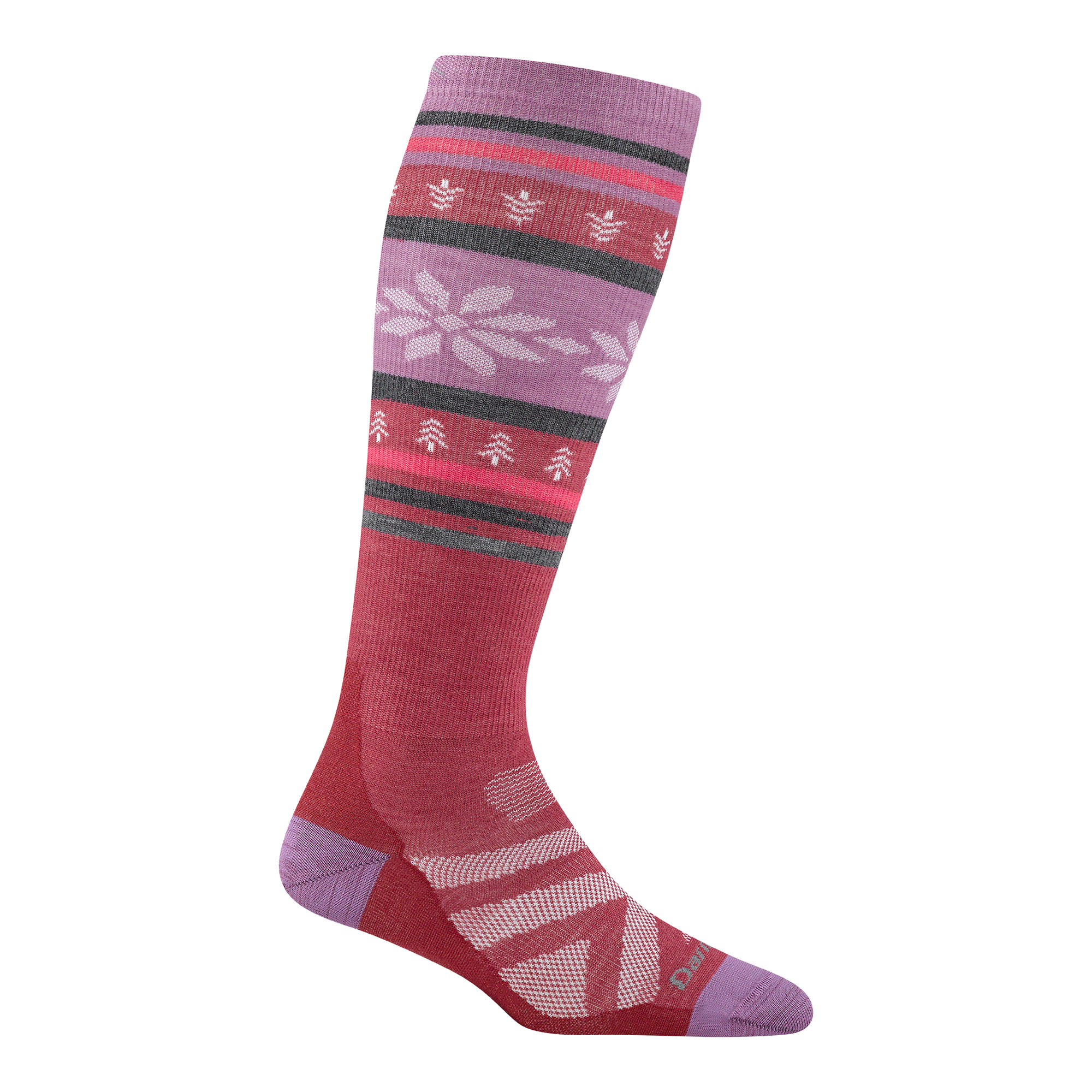 8021 women's alpine over-the-calf ski sock in color cranberry with white snowflake accents and gray and pink calf striping