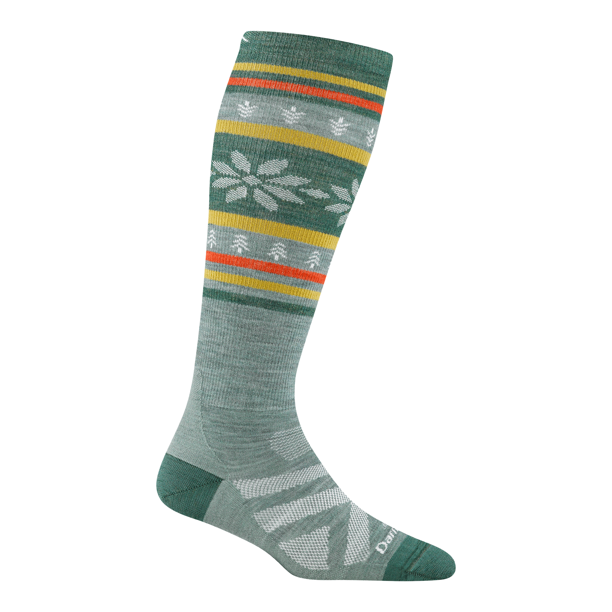 8021 women's alpine over-the-calf ski sock in color seafoam with white snowflake accents and yellow and orange calf striping