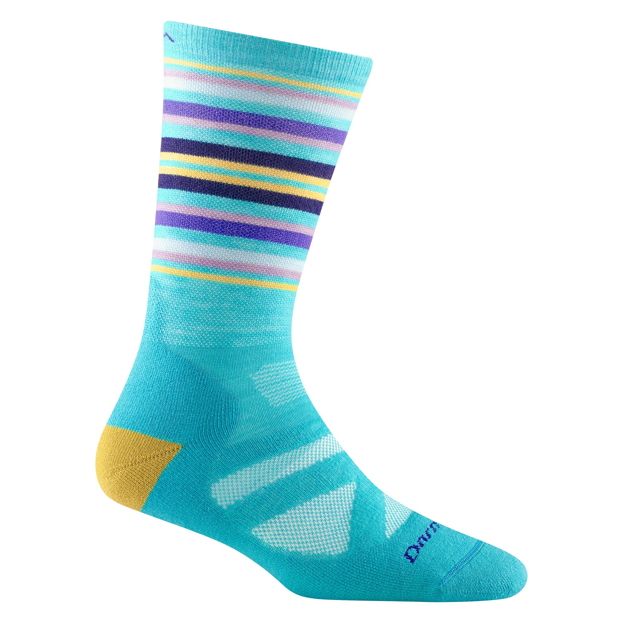 8033 women's oslo nordic boot ski sock in color teal with yellow heel and purple, yellow, and pink calf striping