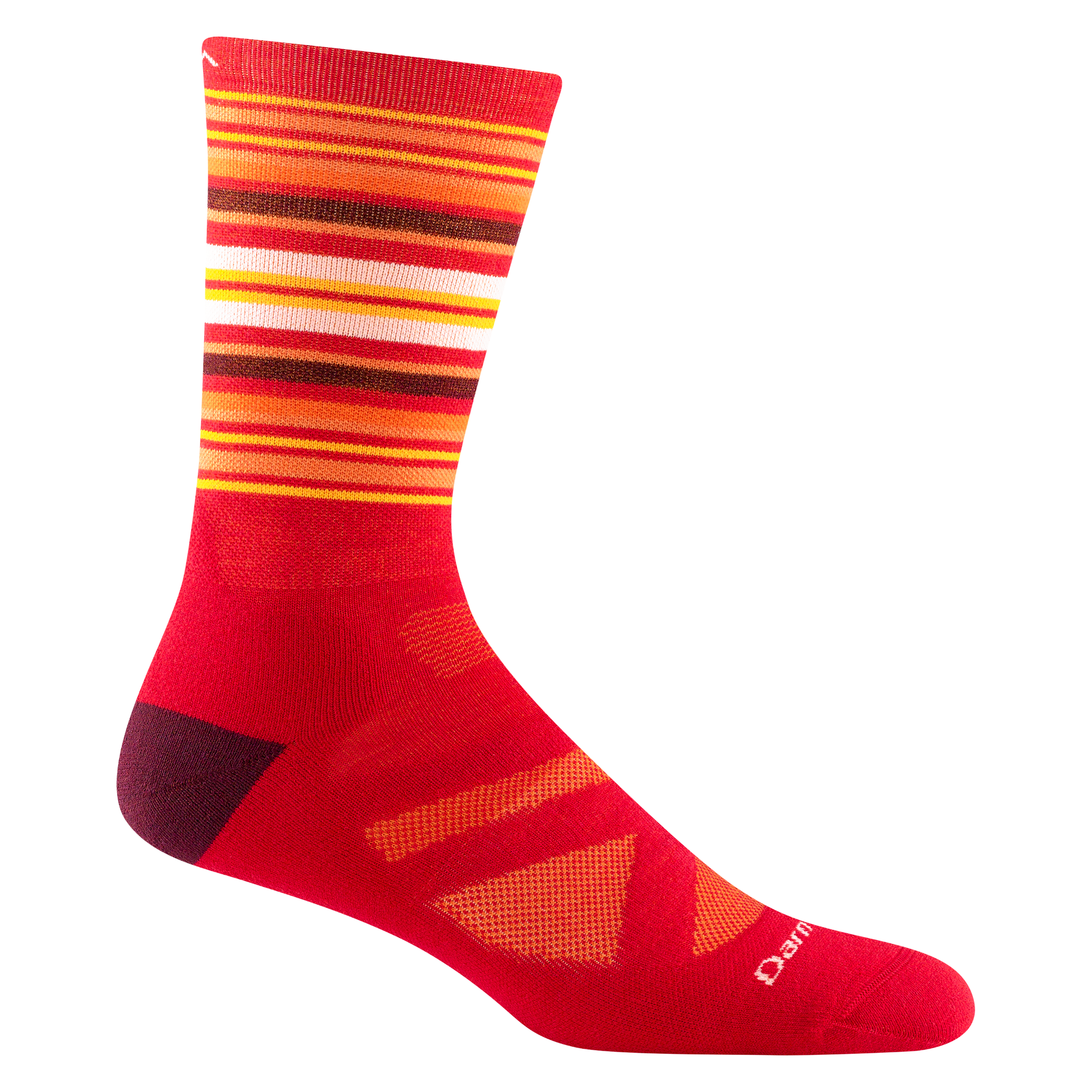 8034 men's oslo nordic boot ski sock in color rune red with burgundy heel and yellow and orange calf striping