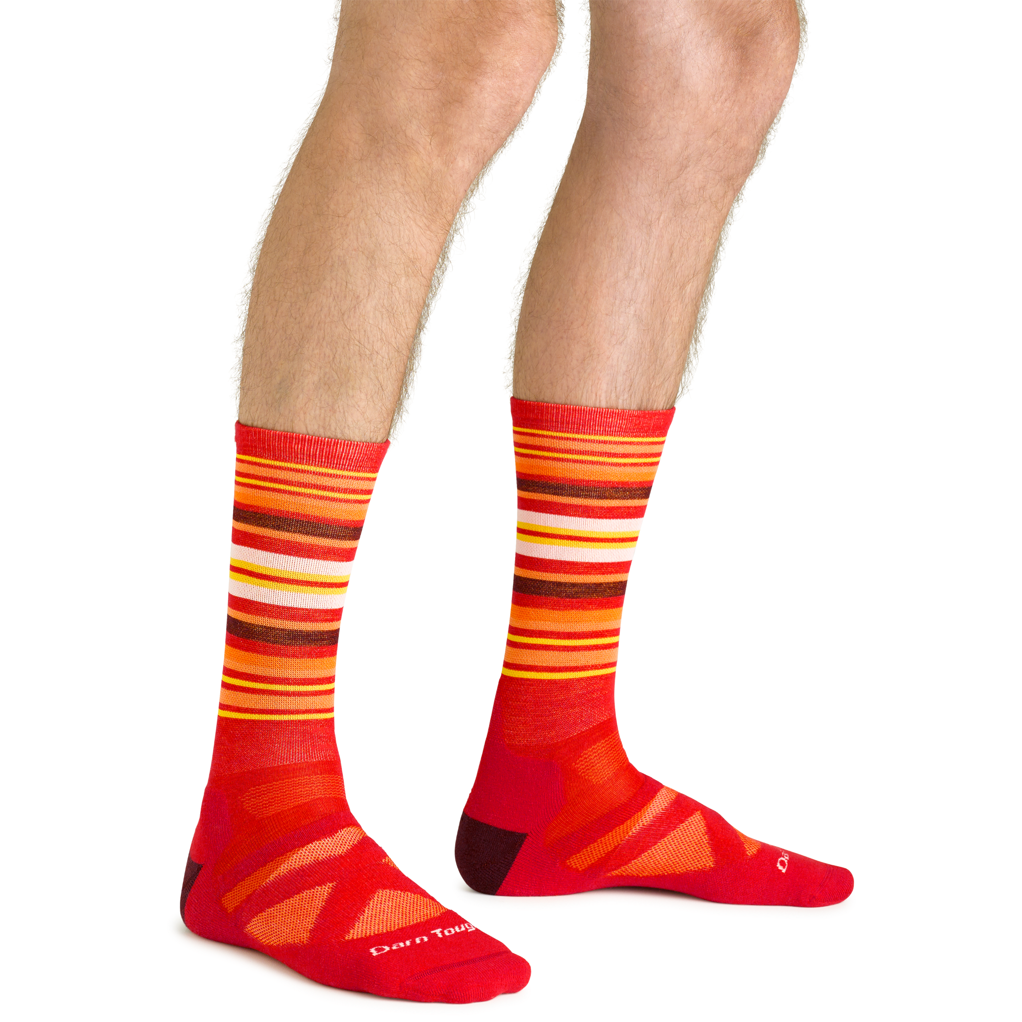 Close up studio shot of model wearing men's oslo nordic boot lightweight ski & snowboard sock in rune red