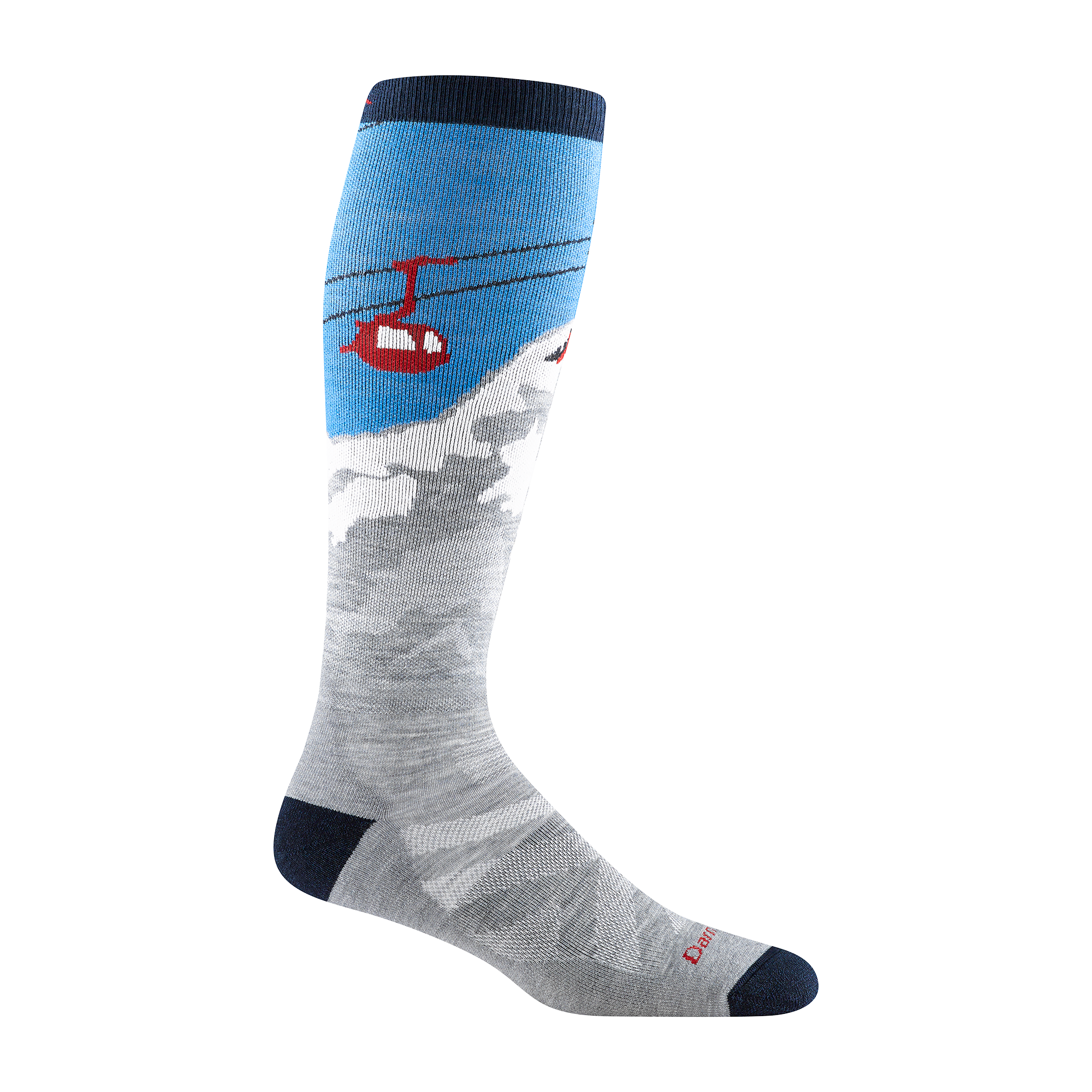 8043 Heady Yeti Ski and snowboard sock in gray with black toe/heel and gondola scene up the leg.
