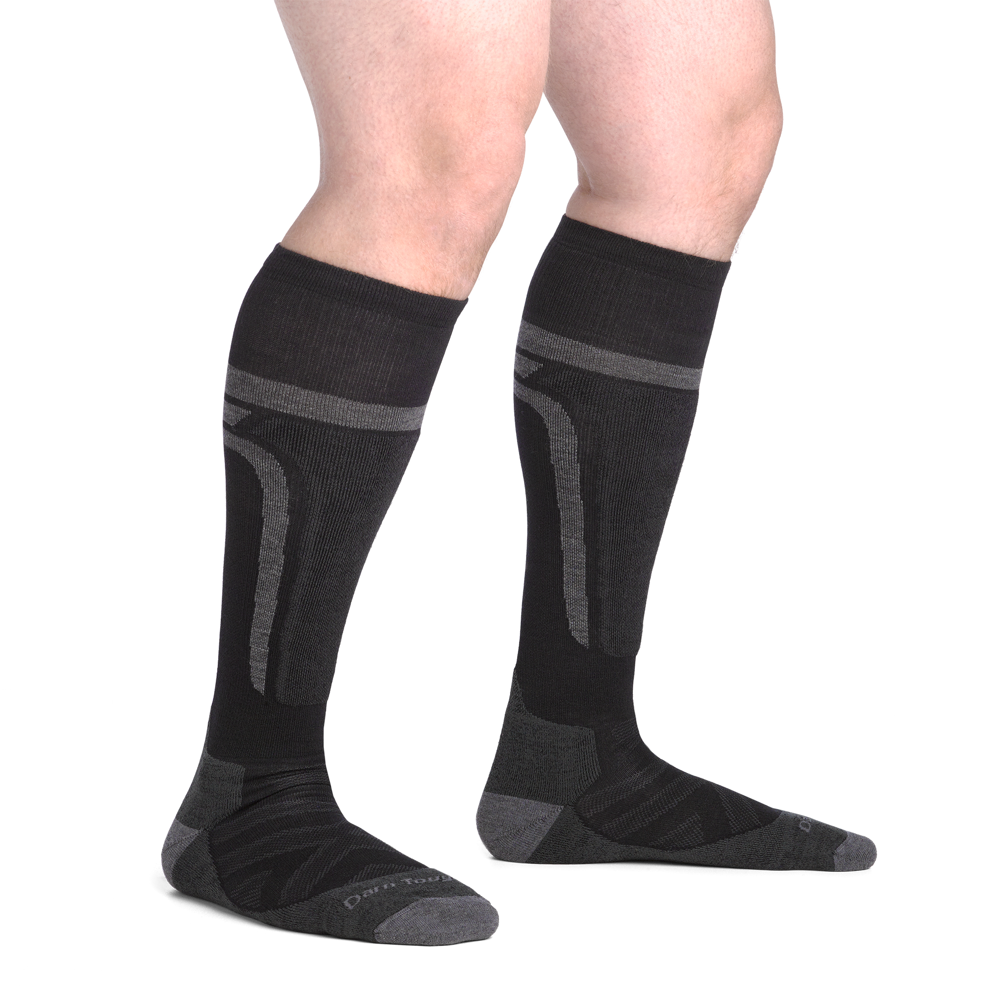 on model image bare foot wearing the 8053 edge over the calf sock in black colorway