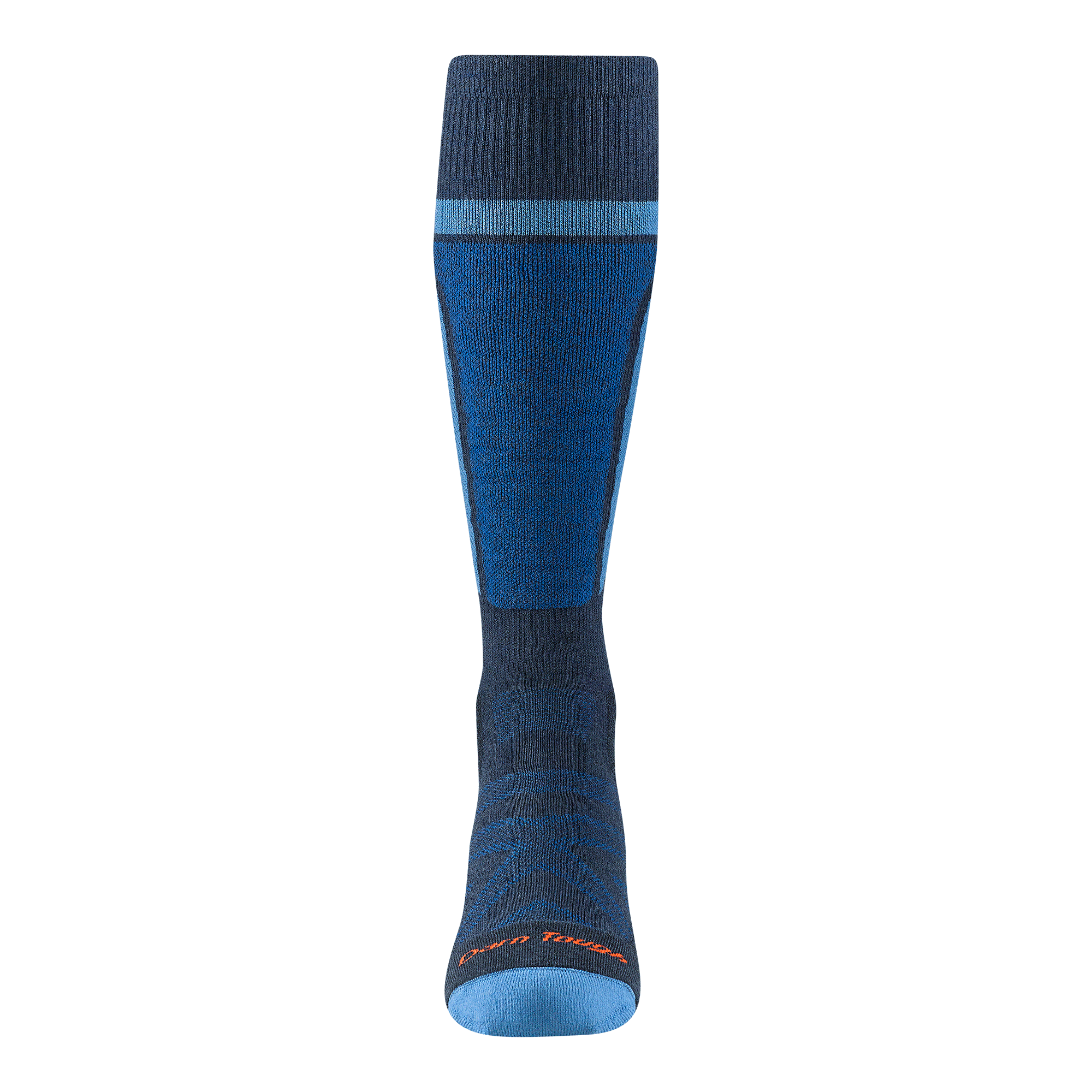 front view of the 8053 edge over the calf  Eclipse featuring a light blue toe and stripe around the cuff  with a darker blue shin pad