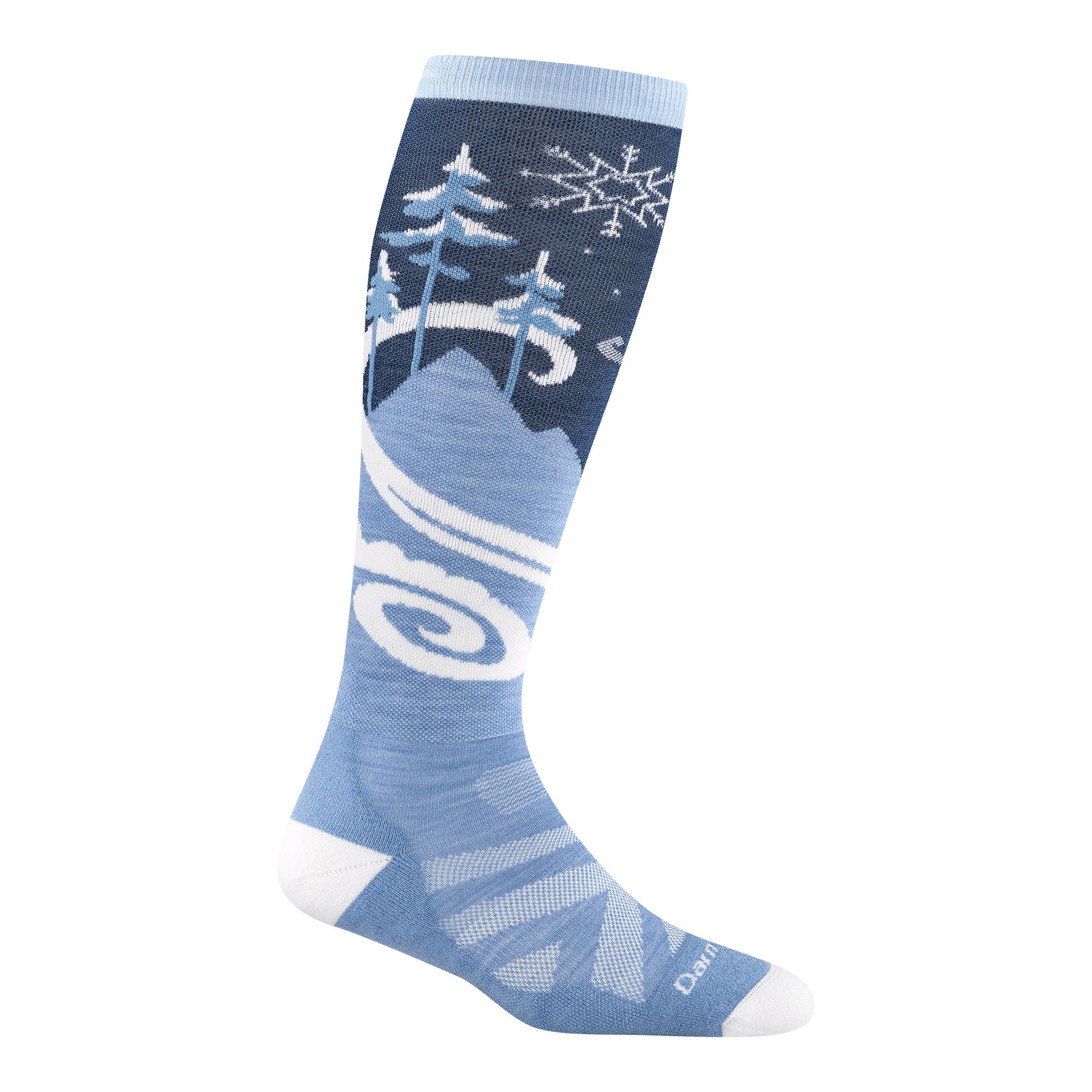 8054 Swirlwind over the calf in midnight featuring a light blue body and white heel/toe and a wintery mountain scene on leg