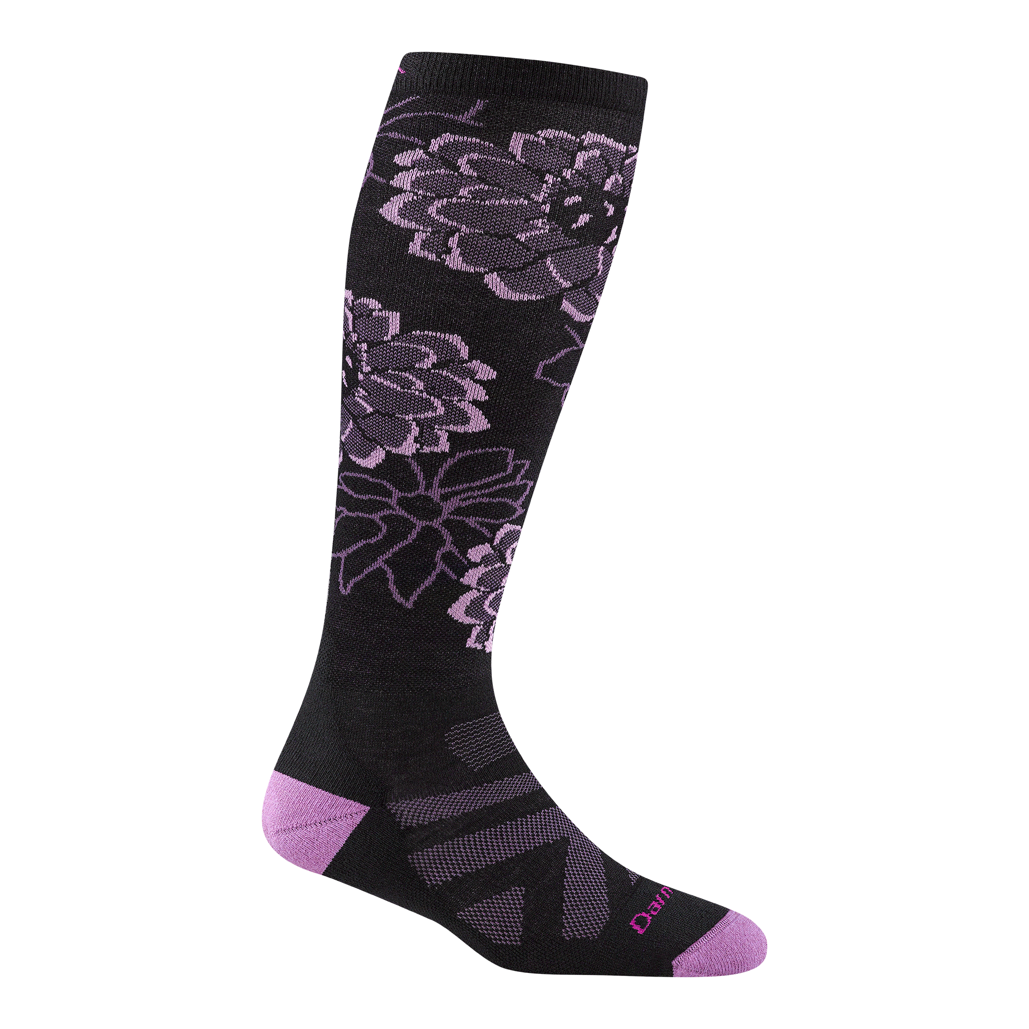 8056 Dahlia over the calf in black with purple heel/toe and Flowers on the leg