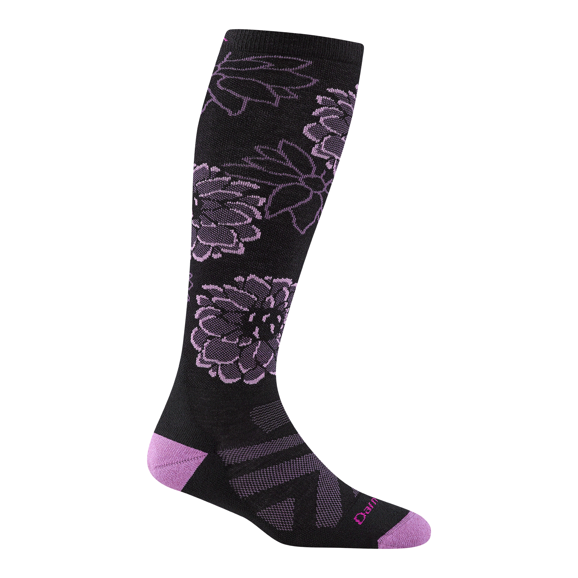 Reverse 8056 Dahlia Over the calf in Black featuring purple heel/toe and flowers on the leg