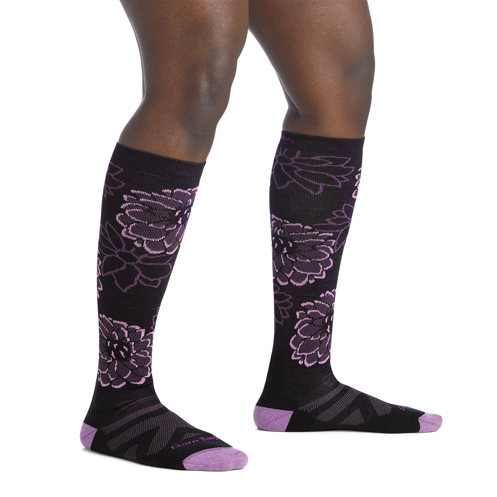 on model image bare foot wearing the 8056 dahlia over the calf sock in black colorway