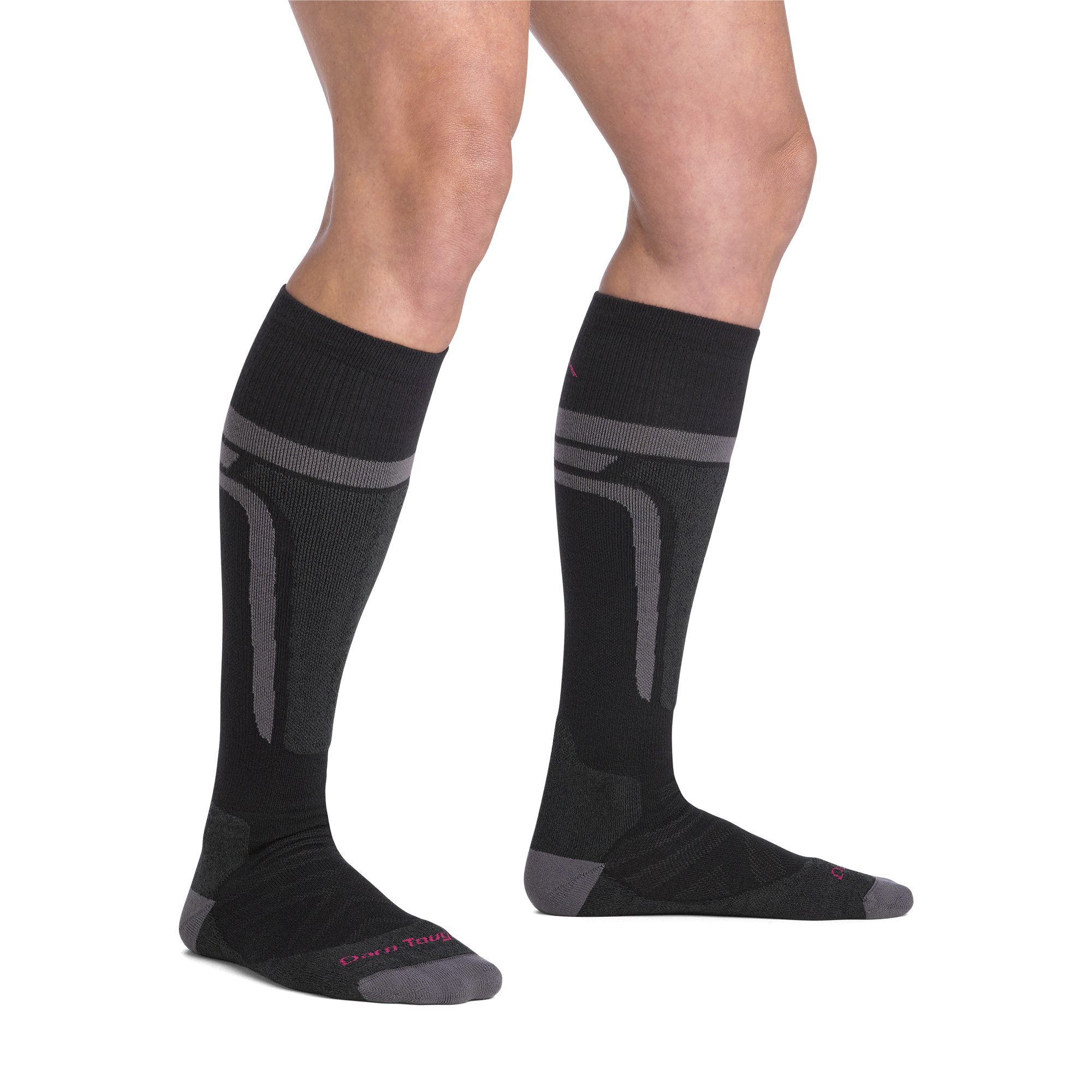 on model image bare foot wearing the 8059 thermolite edge over the calf sock in black colorway
