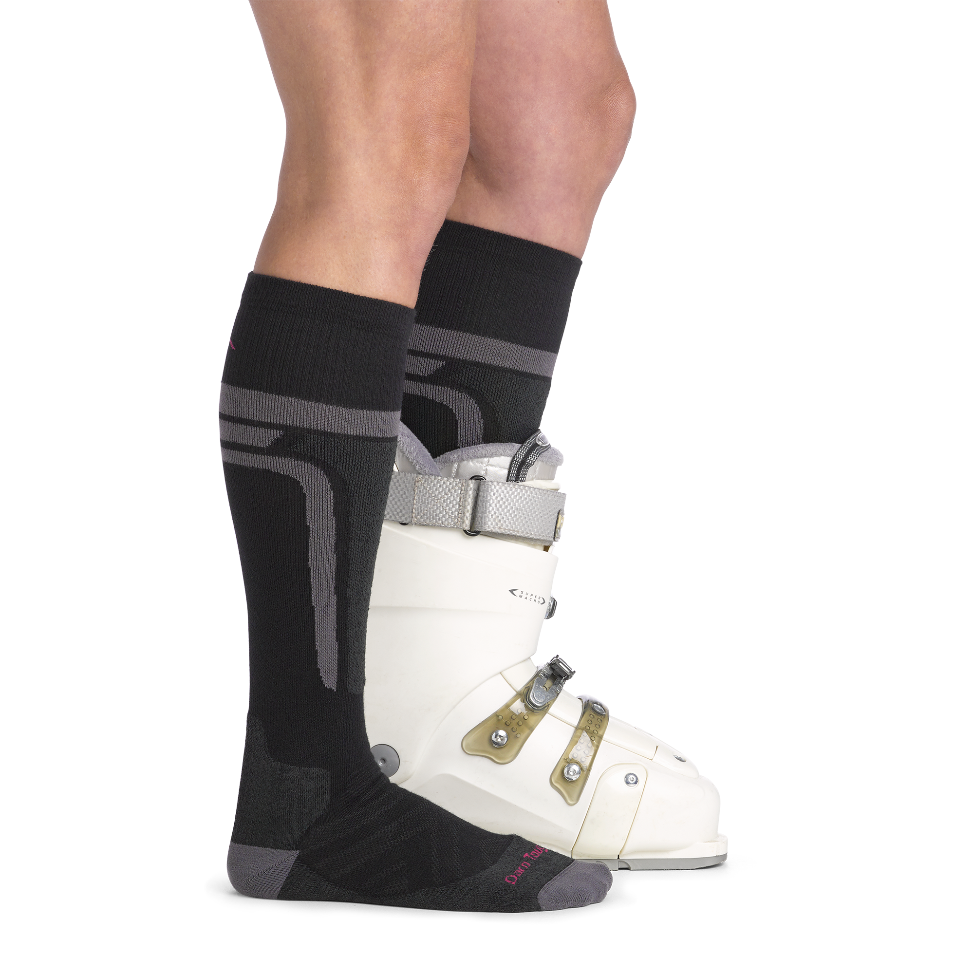 on model image side view back foot in boot wearing the 8059 thermolite edge over the calf sock in black colorway