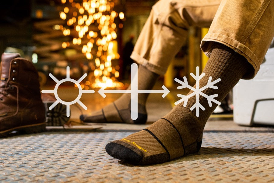 Feet wearing work socks, the best socks for work boots because they thermoregulate