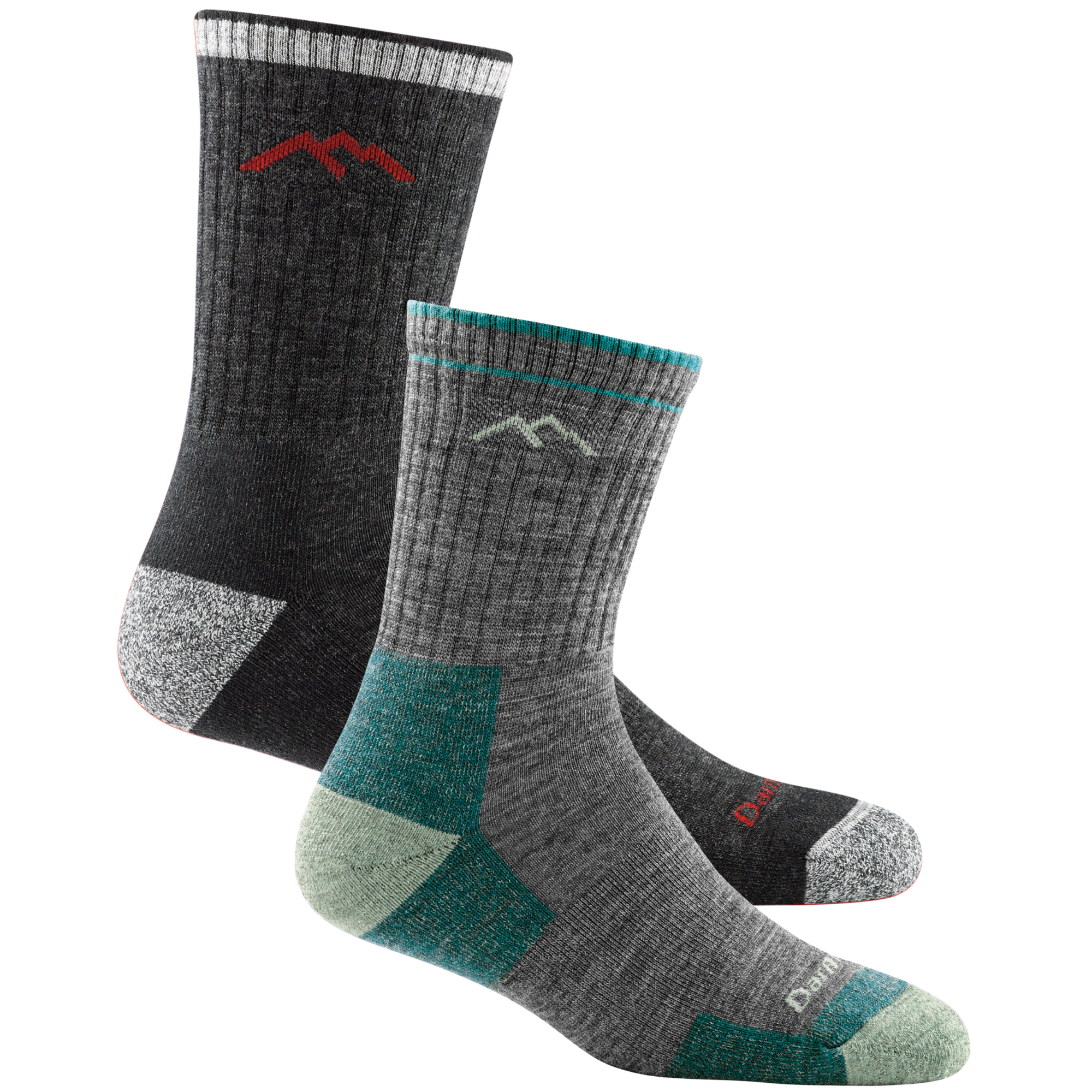 2 pack bundle shot of the men's micro crew hiking sock in black and women's micro crew hiking sock in slate