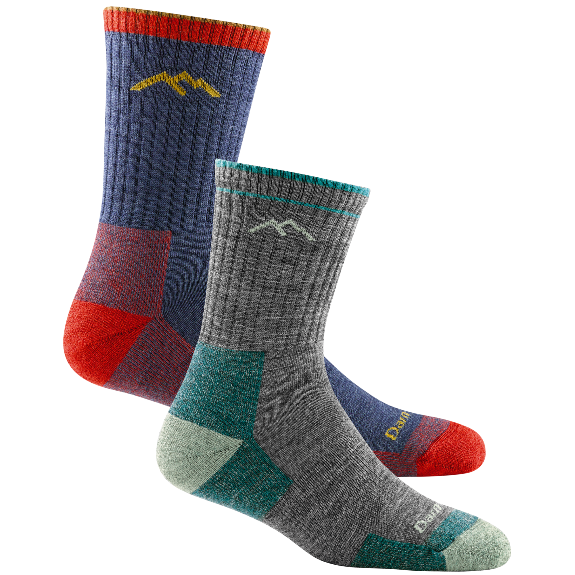 2 pack bundle shot of men's micro crew hiking sock in denim and women's micro crew hiking sock in color slate