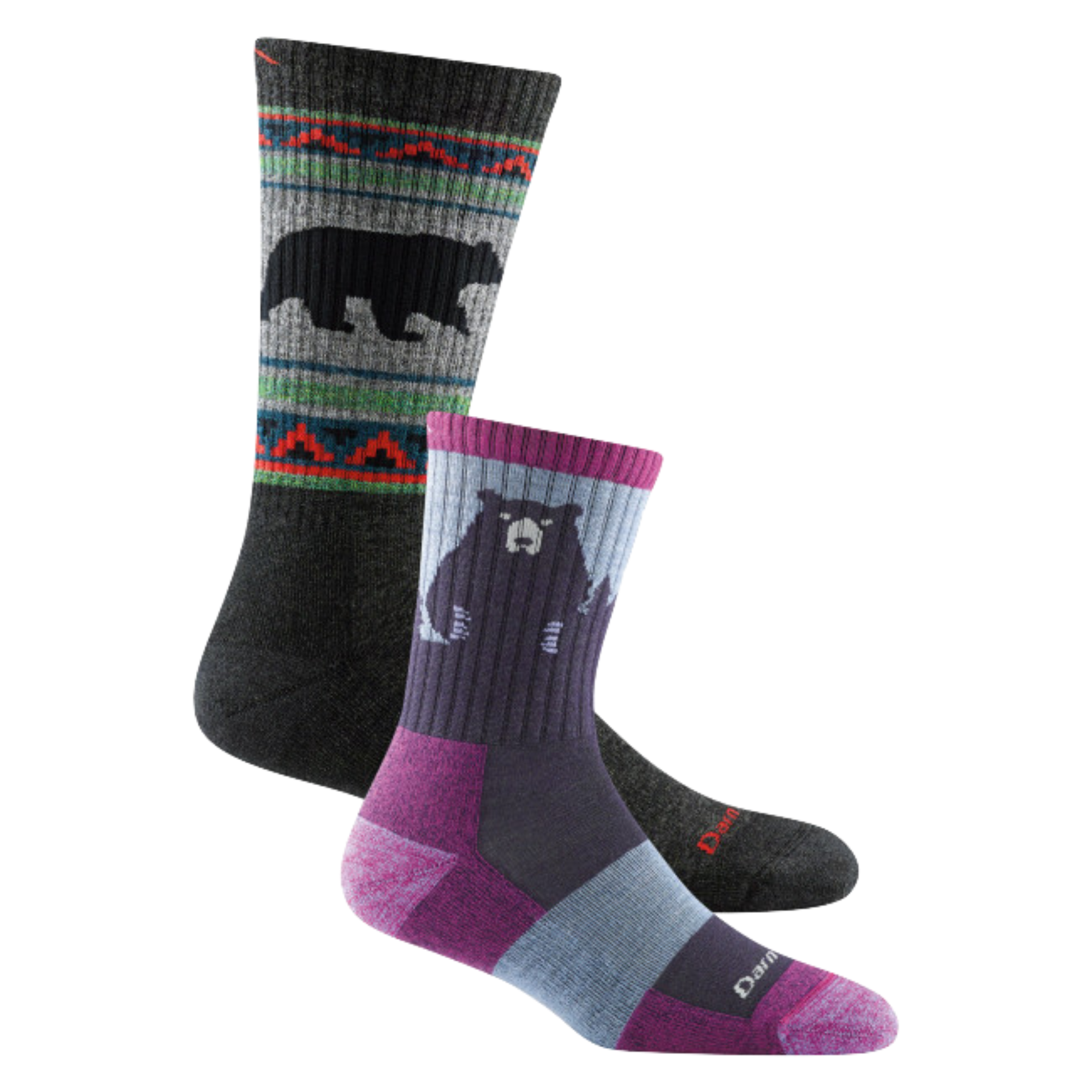 2 pack bundle shot including the men's vangrizzle boot sock in charcoal and the women's bear town micro crew sock in aqua