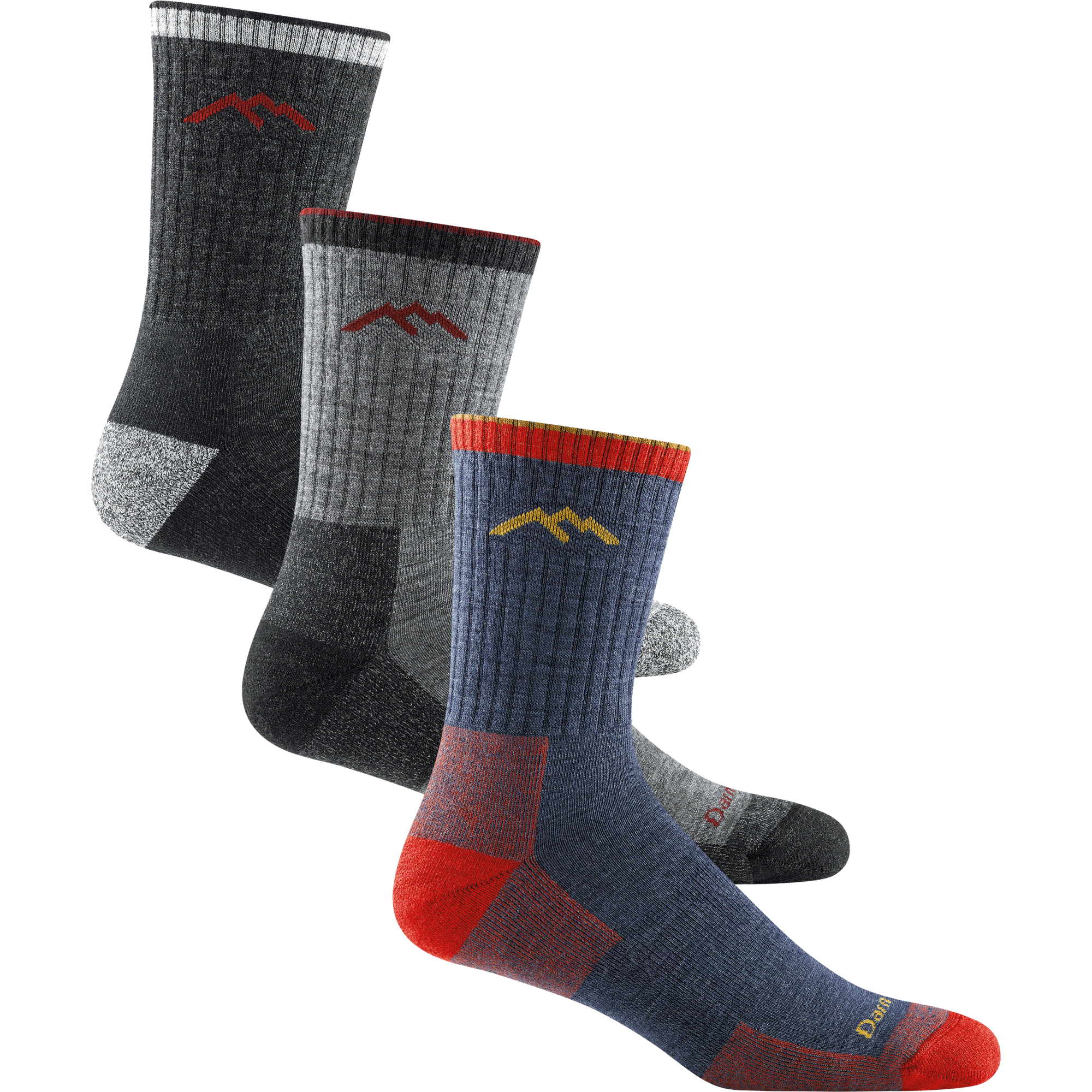 3 pack bundle shot of the men's 1466 micro crew hiking sock in black, charcoal, and denim
