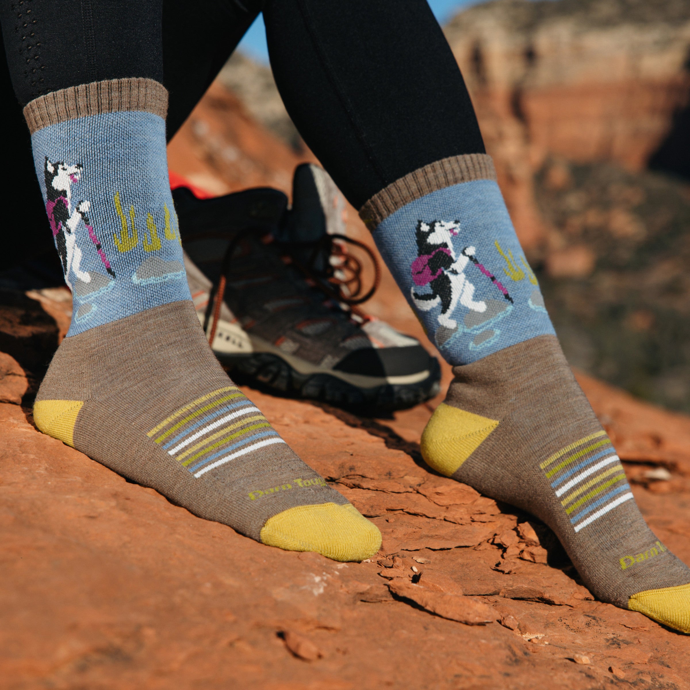 Model wearing 5001 socks in Bark colorway with hiking husky illustration facing outwards without shoes against red desert rock.
