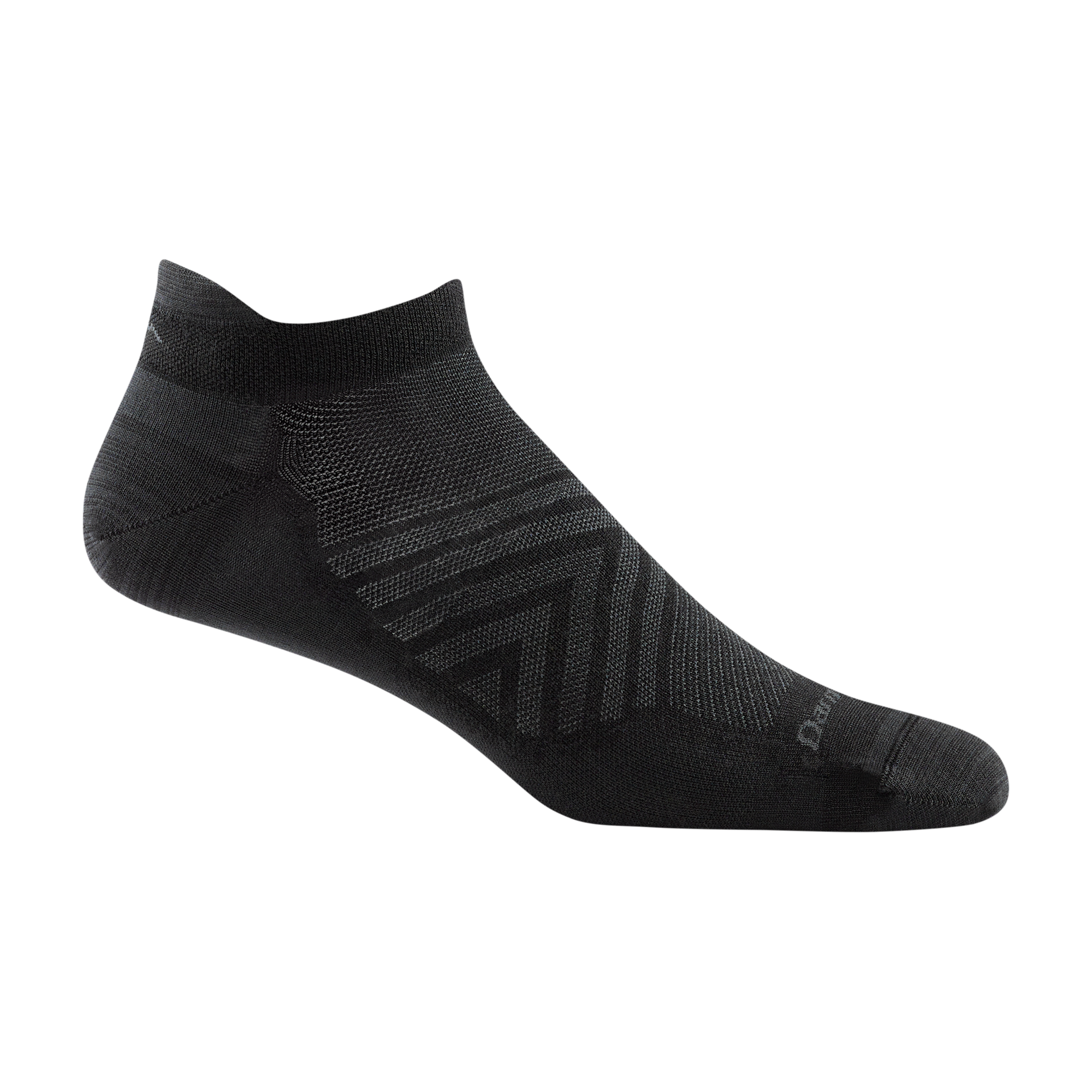 1033 men's no show tab running sock in color black with dark grey chevron and darn tough signature on forefoot
