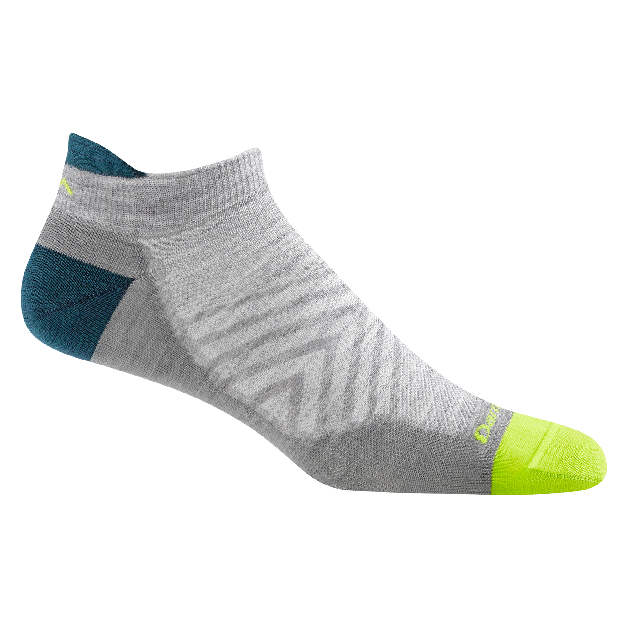 1033 men's no show tab running sock in gray with green toe and teal heel and tab accents