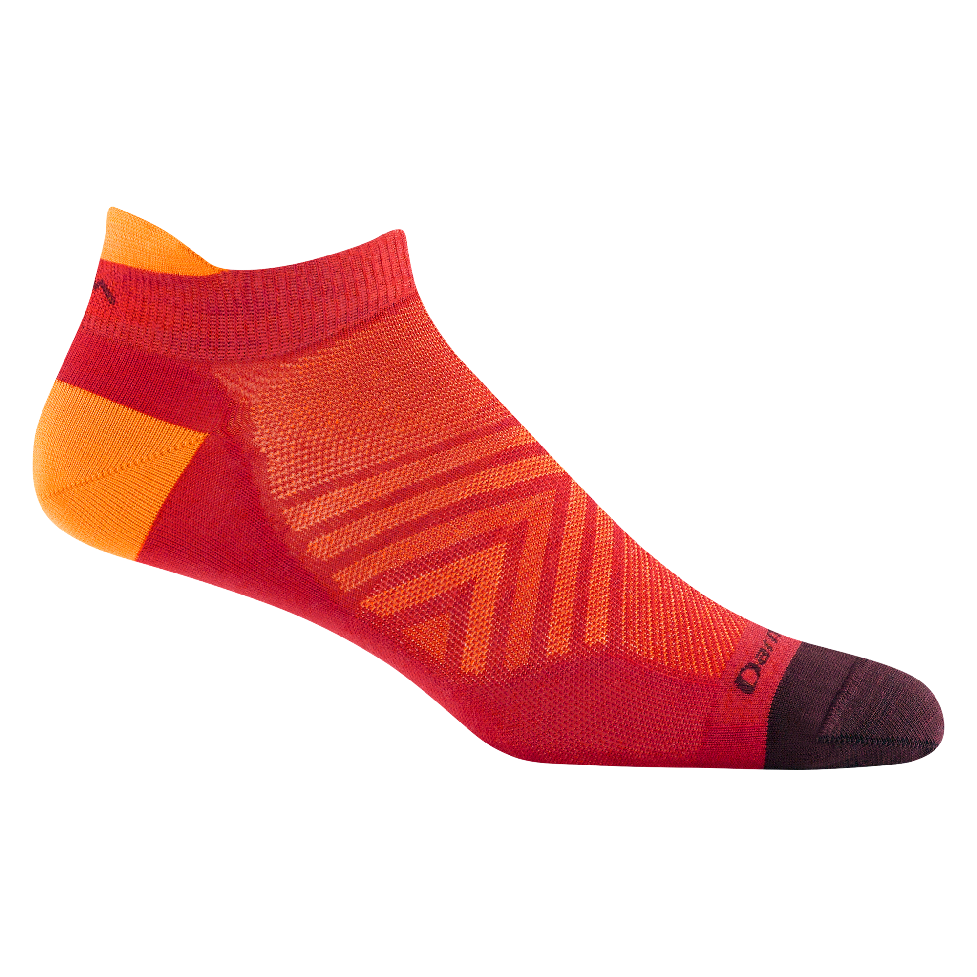 1033 men's no show tab running sock in race red with maroon toe and yellow heel and tab accents