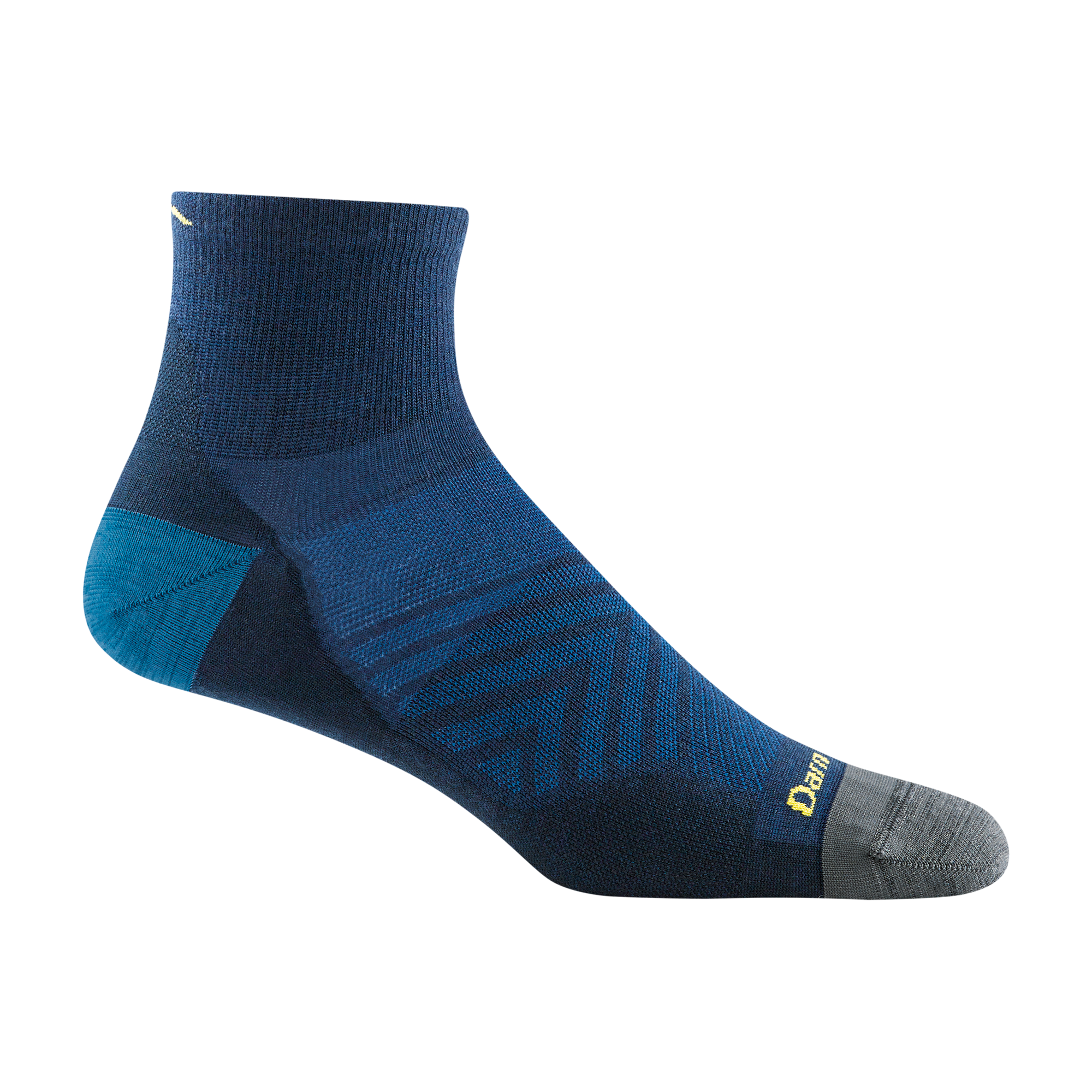 1034 men's quarter running sock in color navy with grey toe, blue heel and yellow darn tough signature on forefoot