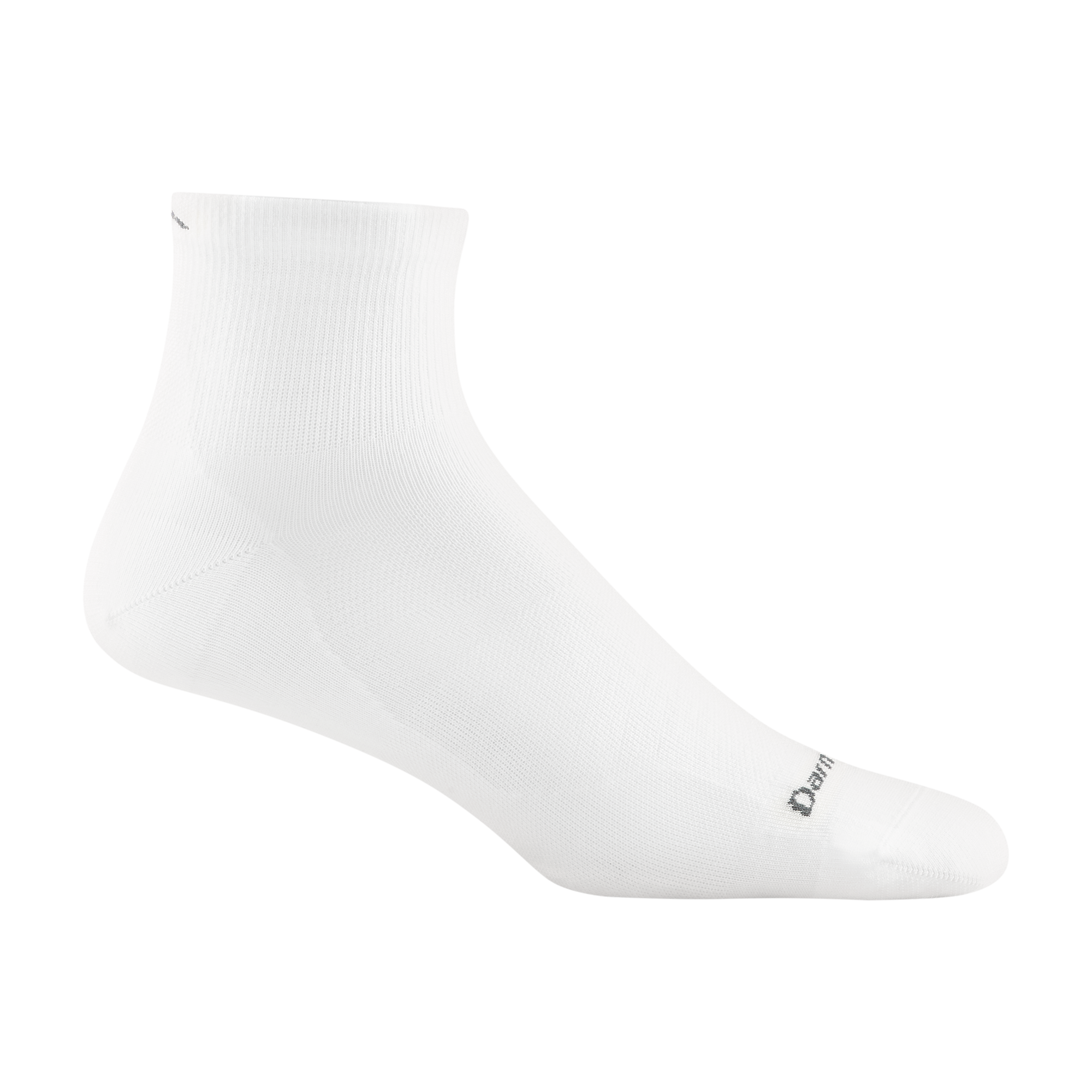 1034 men's quarter running sock in color white with dark gray darn tough signature on forefoot