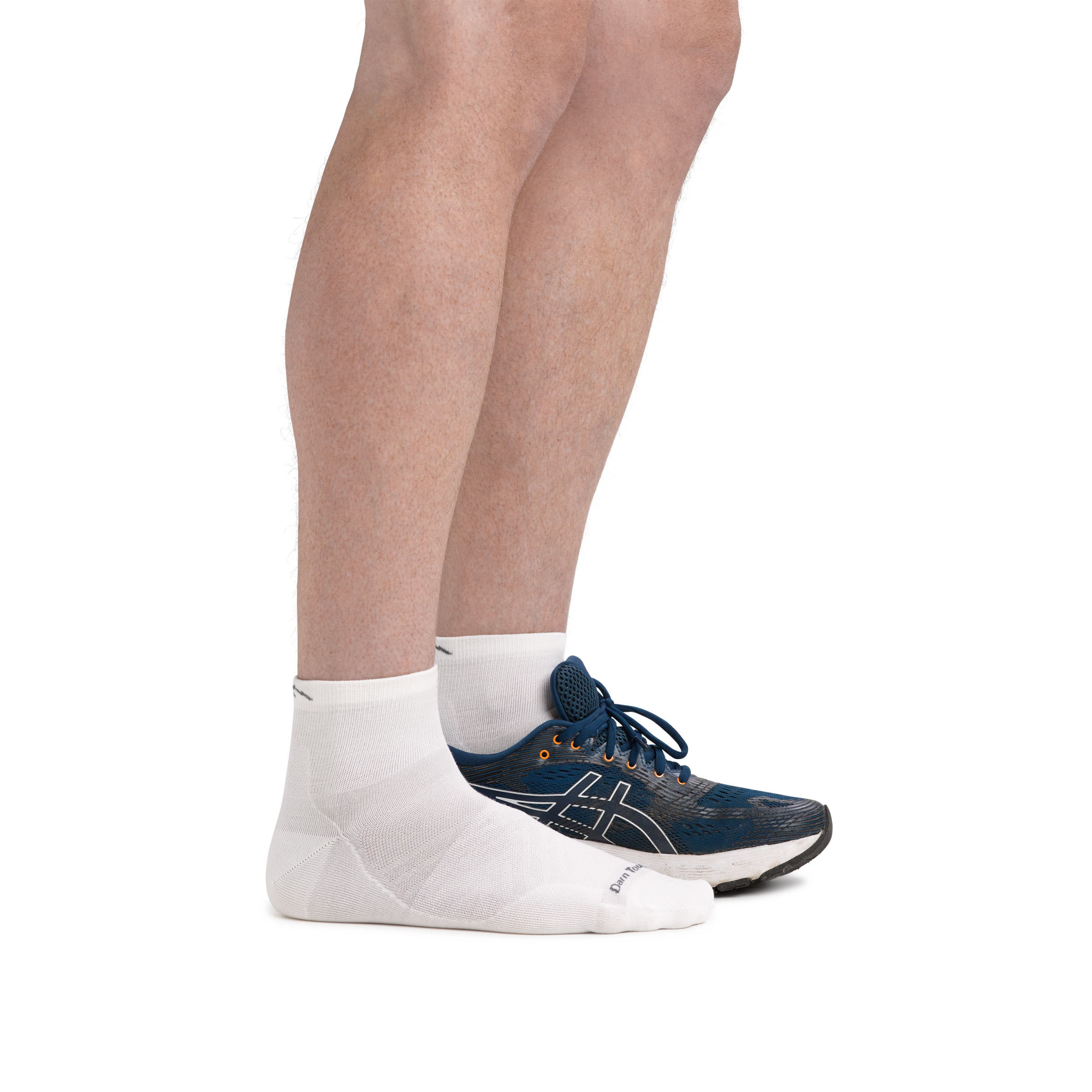 Man wearing Run Quarter Ultra-Lightweight Running Socks in White with back foot also in a running shoe