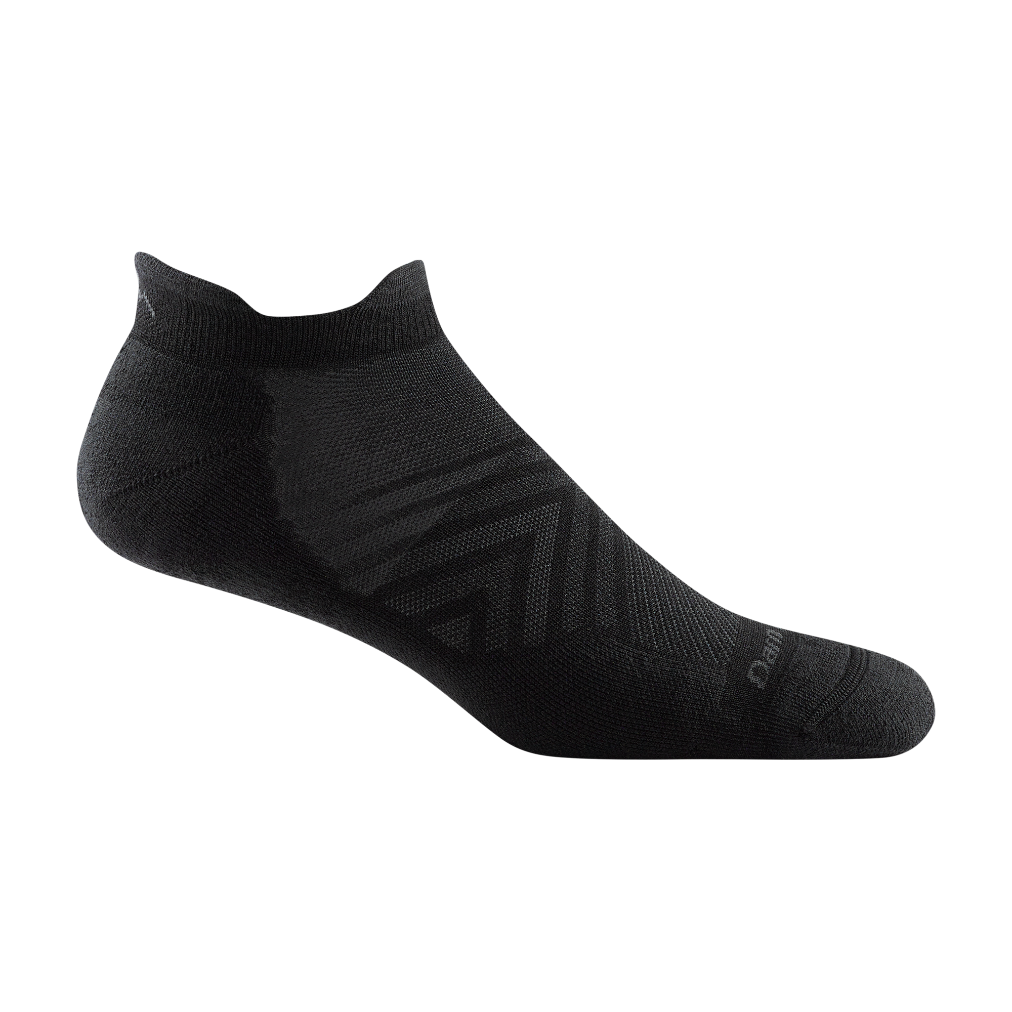 1039 men's no show tab running sock in black with gray darn tough signature on forefoot