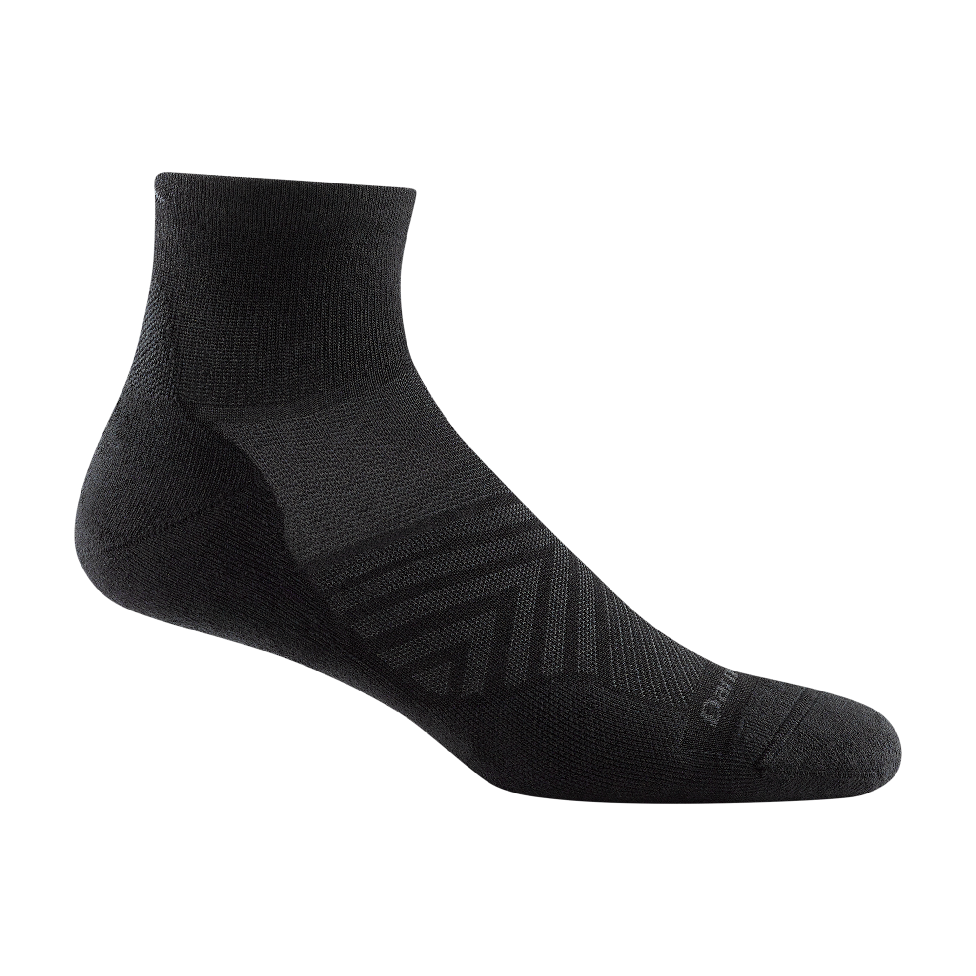 1040 men's quarter running sock in color black with gray chevron forefoot detailing and darn tough signature