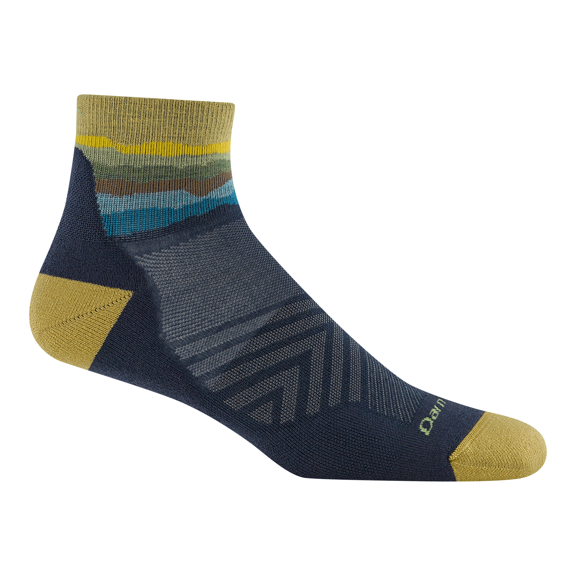 1040 quarter run sock in skyracer blue featuring a yellow toe/heel blue body and wave stripes on the ankle