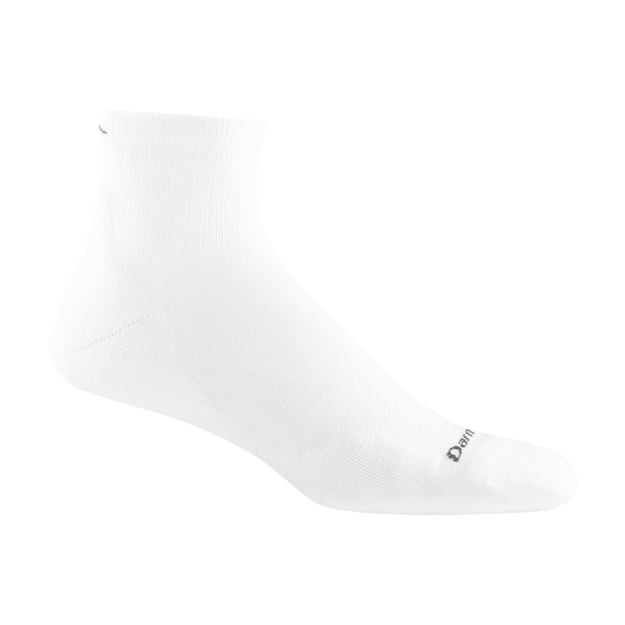 1040 men's quarter running sock in white with dark gray darn tough signature on forefoot