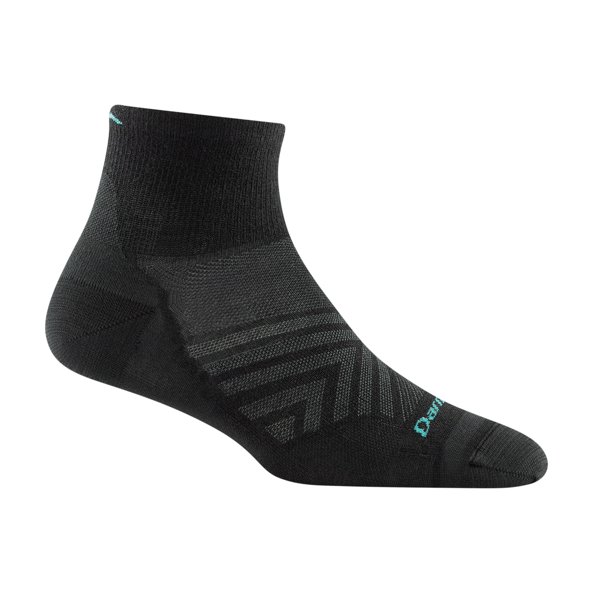 1044 women's quarter running sock in color black with gray chevron forefoot and blue darn tough signature