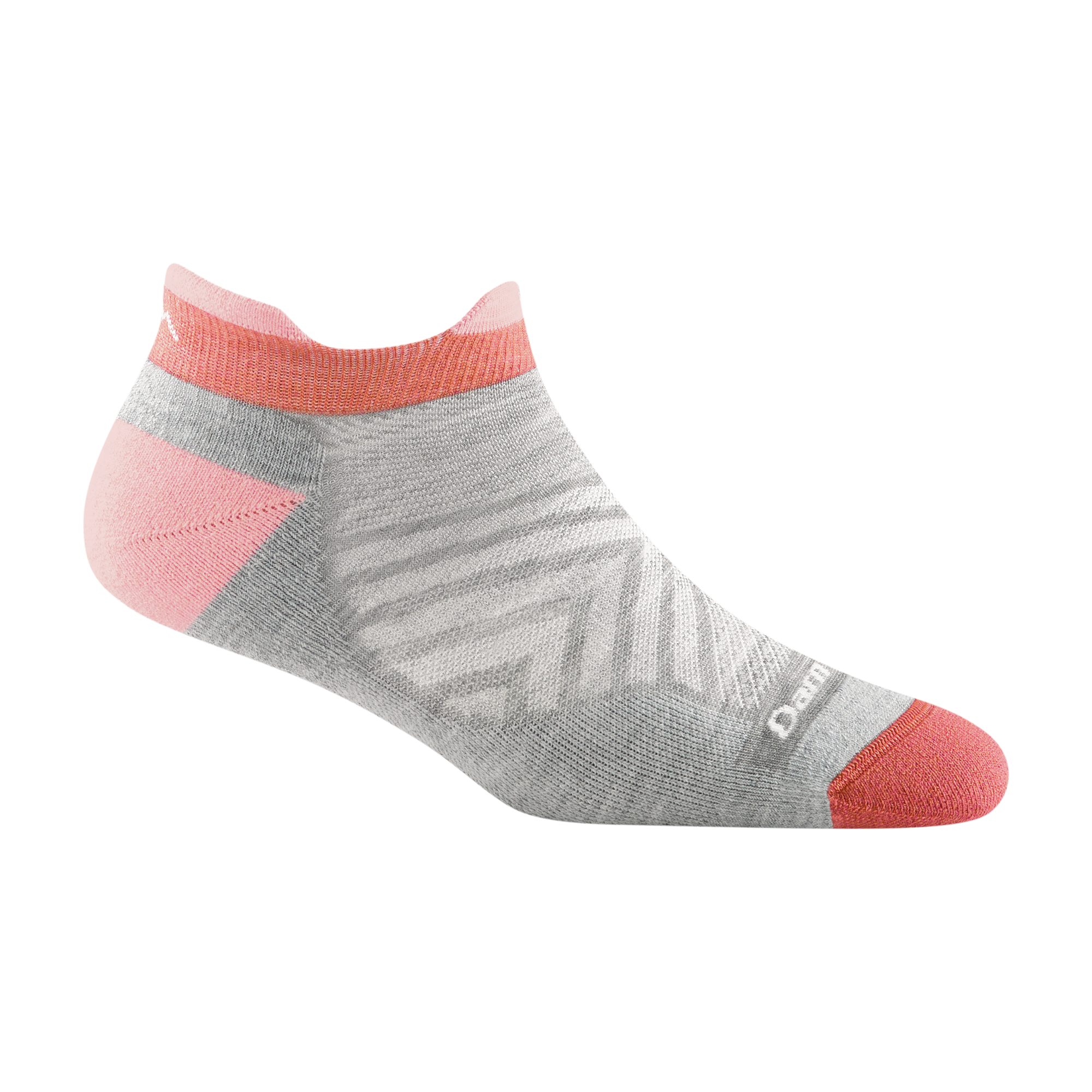 1047 women's no show tab running sock in ash gray with coral toe and pink heel and tab accents