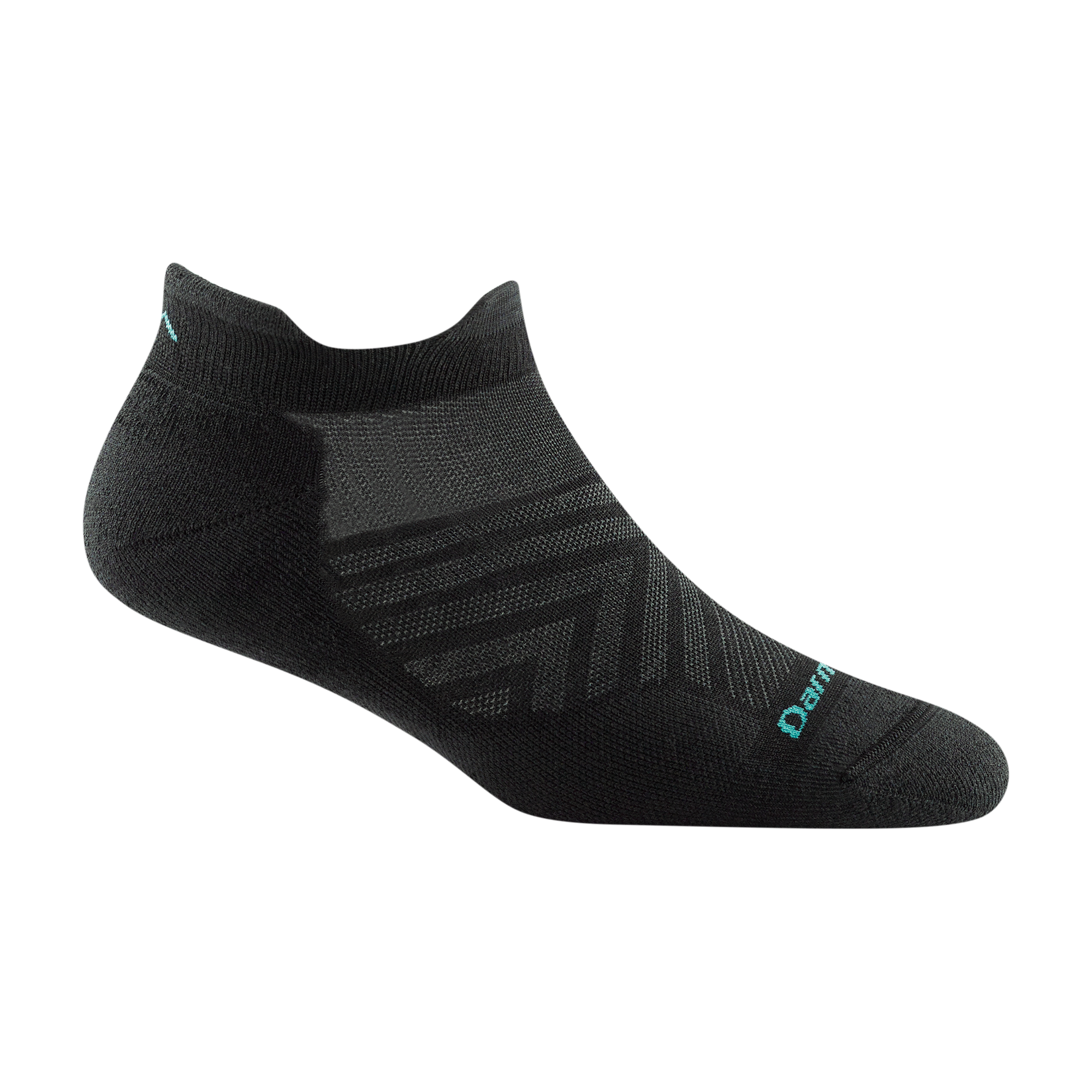 1047 women's no show tab running sock in black with gray chevron forefoot and light blue darn tough signature