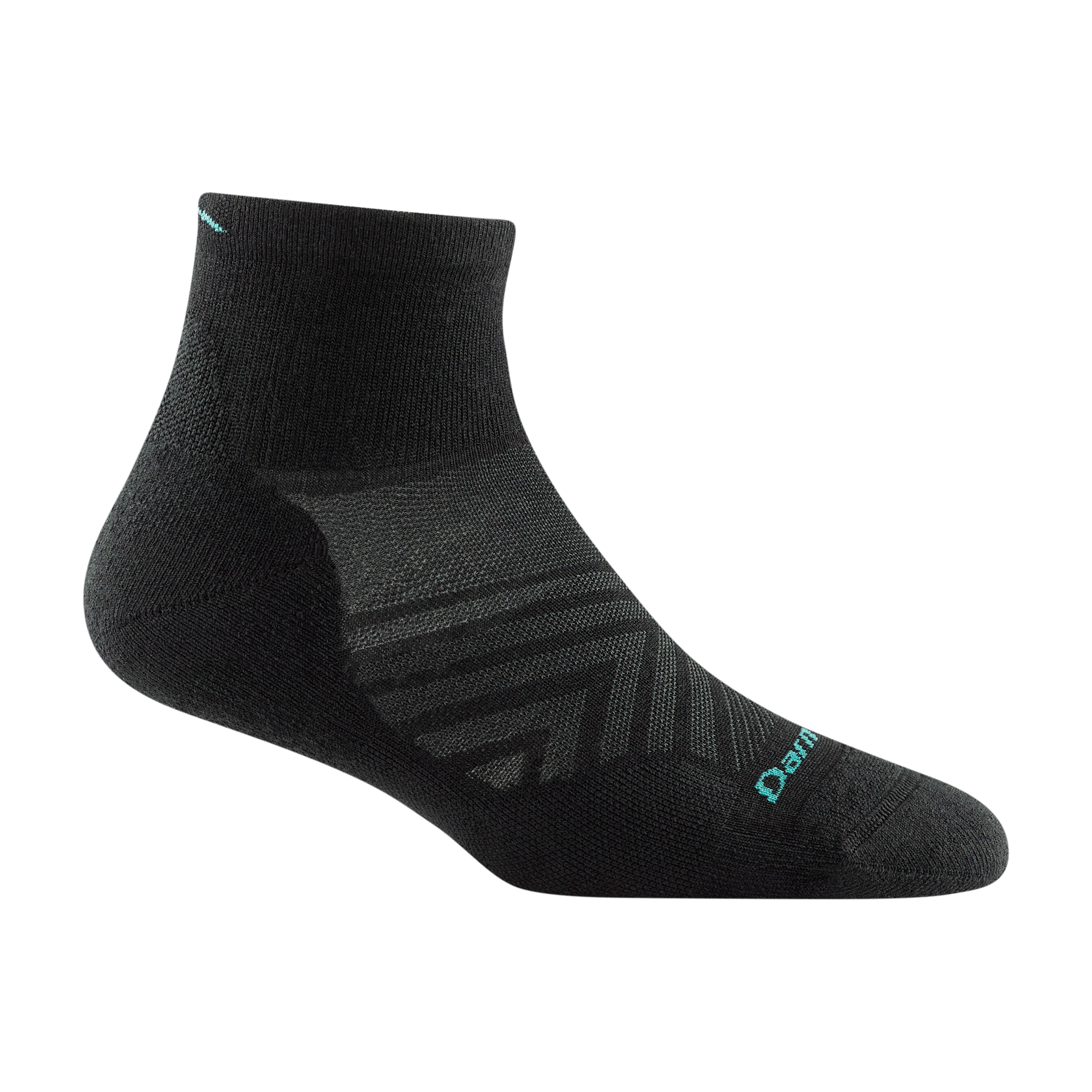 1048 women's quarter running sock in black with grey chevron forefoot detailing and light blue darn tough signature